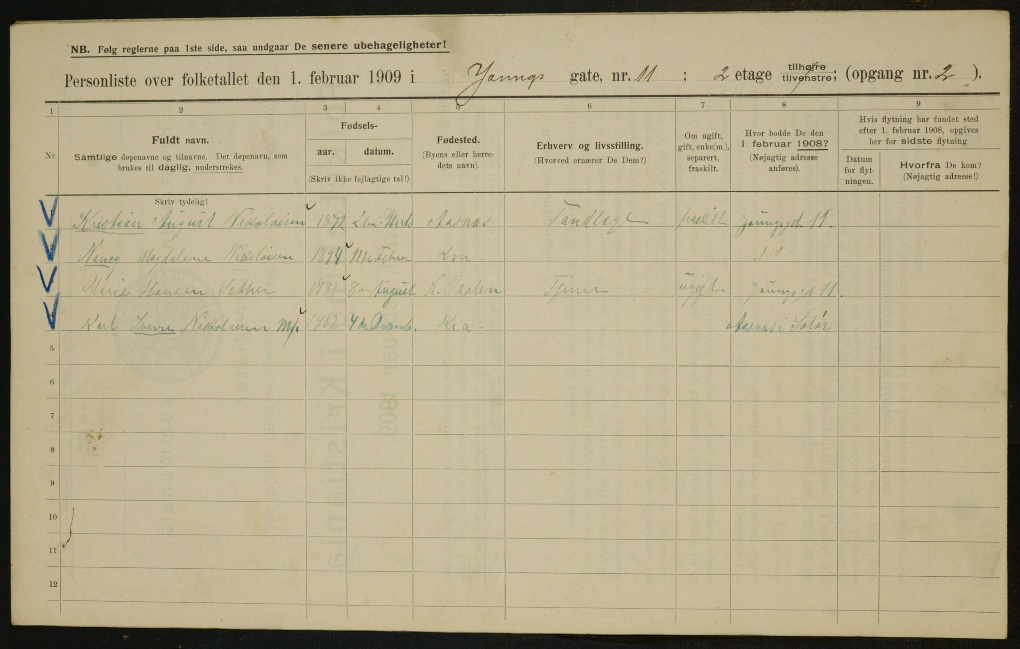 OBA, Municipal Census 1909 for Kristiania, 1909, p. 116768