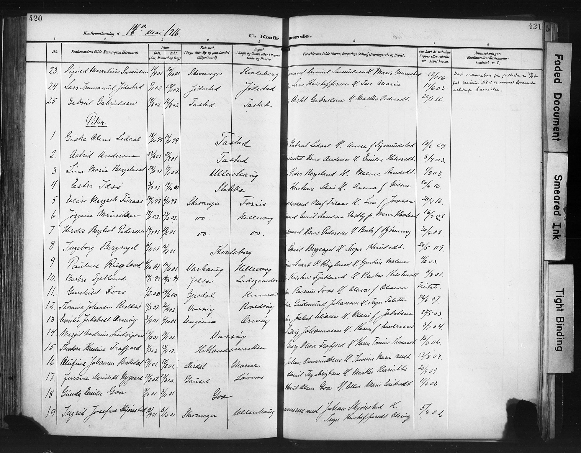 Hetland sokneprestkontor, SAST/A-101826/30/30BA/L0013: Parish register (official) no. A 13, 1904-1918, p. 420-421