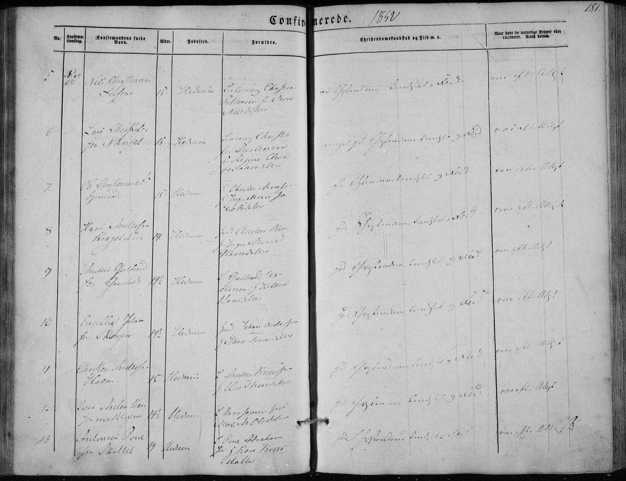 Hedrum kirkebøker, AV/SAKO-A-344/F/Fa/L0006: Parish register (official) no. I 6, 1849-1857, p. 181