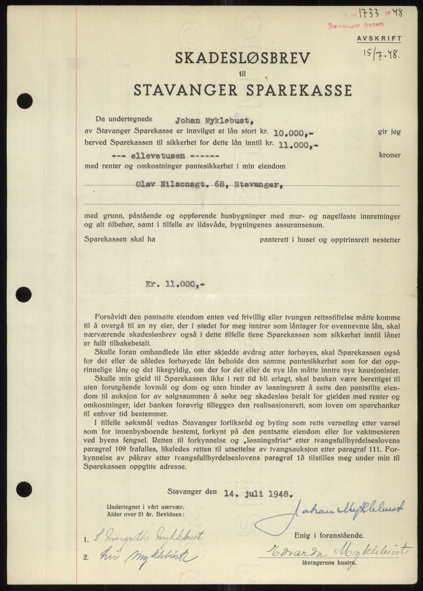 Stavanger byrett, SAST/A-100455/002/G/Gb/L0032: Mortgage book, 1947-1950, Diary no: : 1733/1948