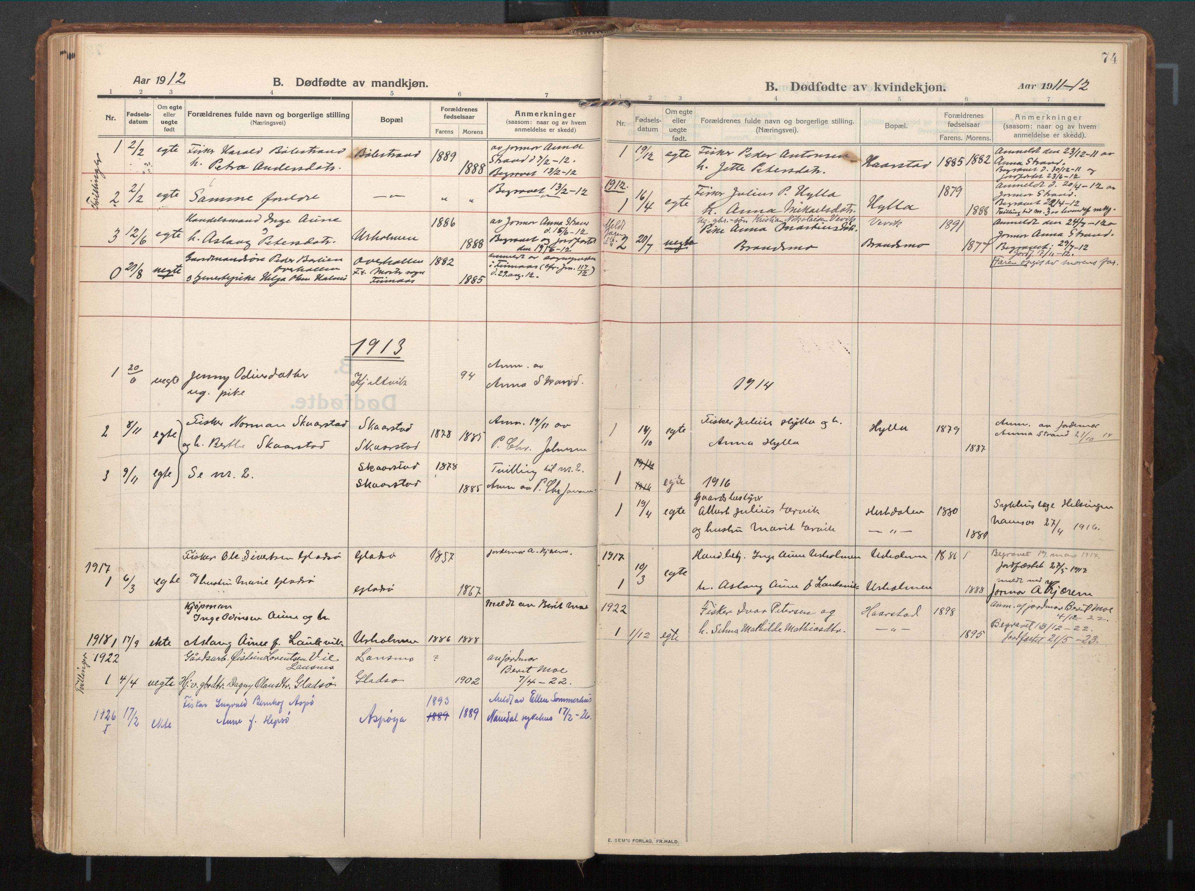 Ministerialprotokoller, klokkerbøker og fødselsregistre - Nord-Trøndelag, AV/SAT-A-1458/771/L0598: Parish register (official) no. 771A05, 1911-1937, p. 74