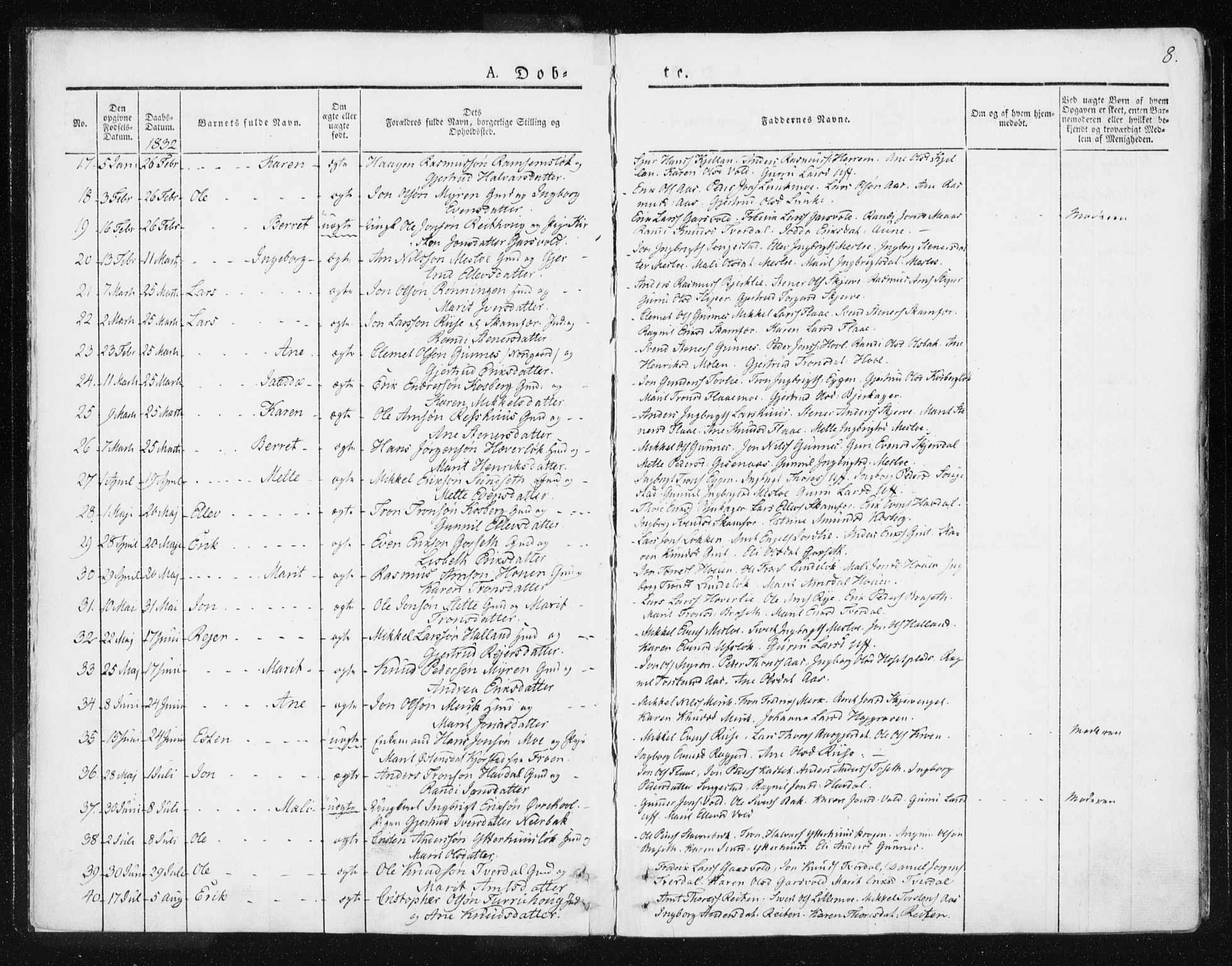Ministerialprotokoller, klokkerbøker og fødselsregistre - Sør-Trøndelag, SAT/A-1456/674/L0869: Parish register (official) no. 674A01, 1829-1860, p. 8