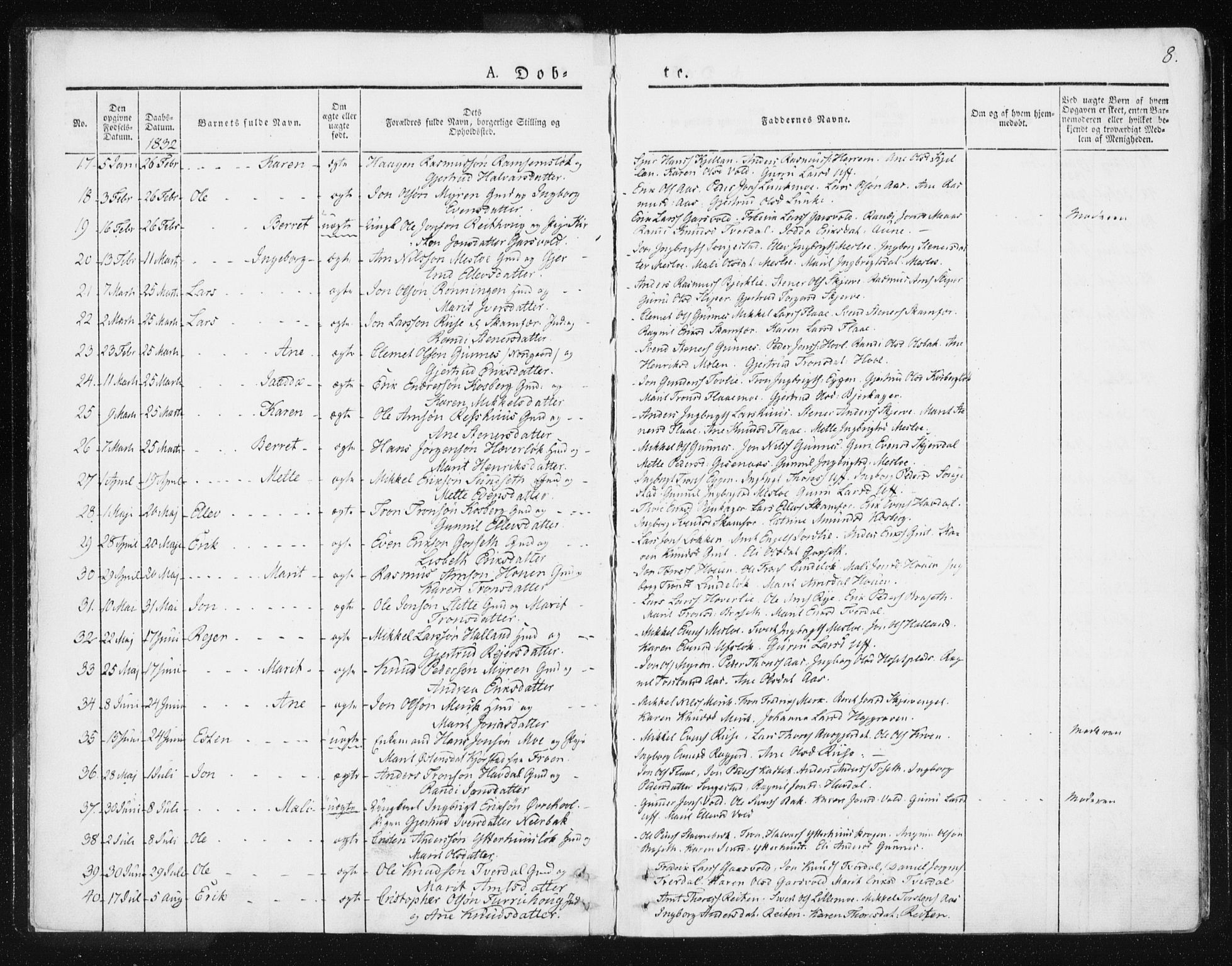 Ministerialprotokoller, klokkerbøker og fødselsregistre - Sør-Trøndelag, AV/SAT-A-1456/674/L0869: Parish register (official) no. 674A01, 1829-1860, p. 8