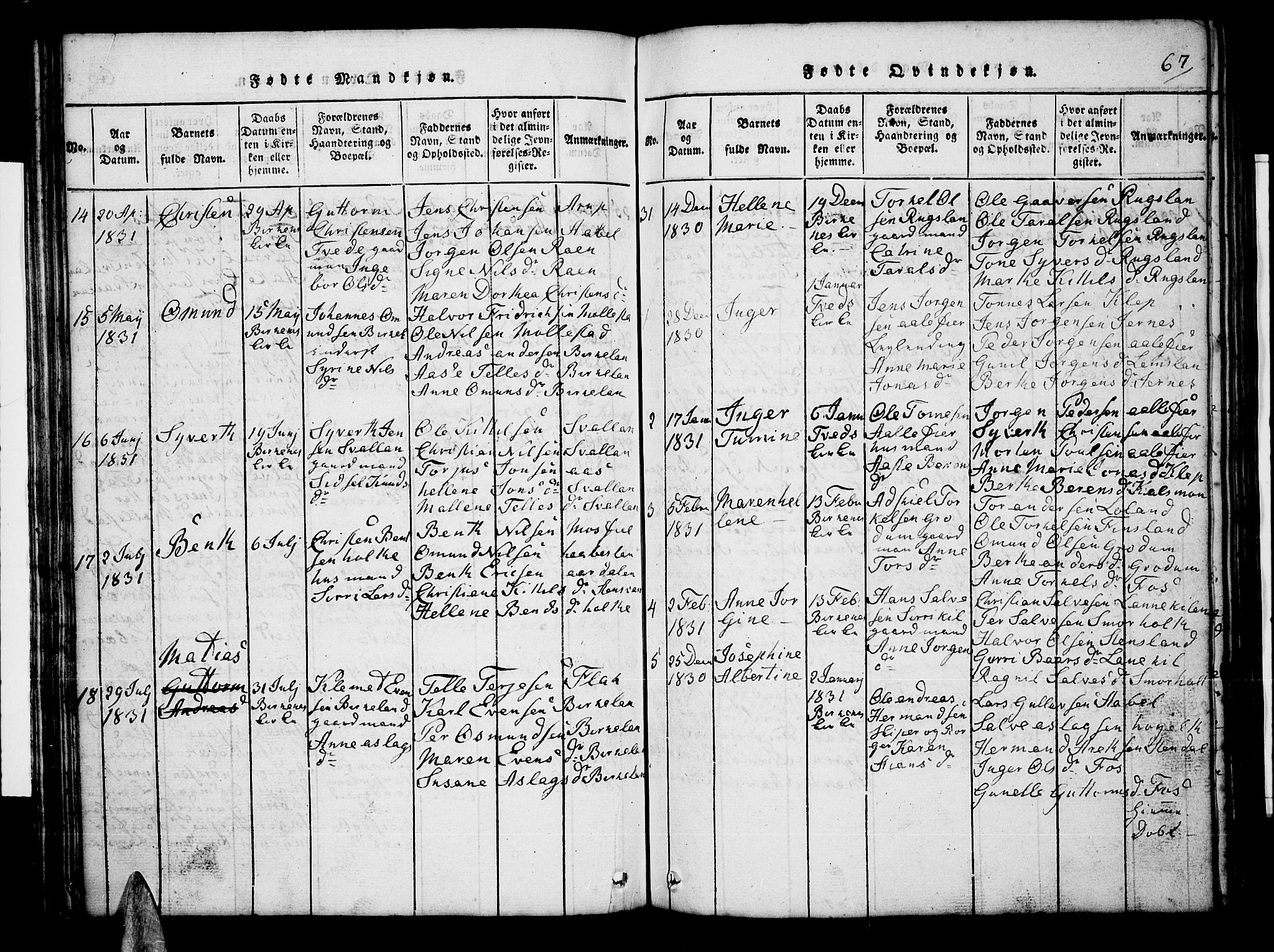 Tveit sokneprestkontor, AV/SAK-1111-0043/F/Fb/L0001: Parish register (copy) no. B 1, 1820-1834, p. 67