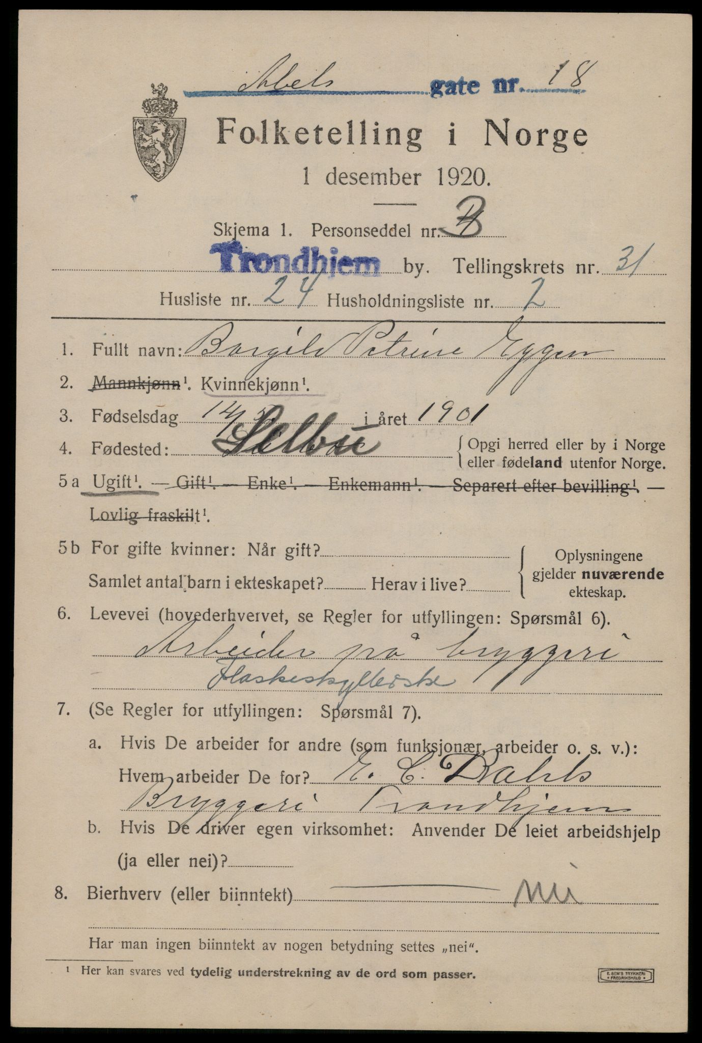 SAT, 1920 census for Trondheim, 1920, p. 77022