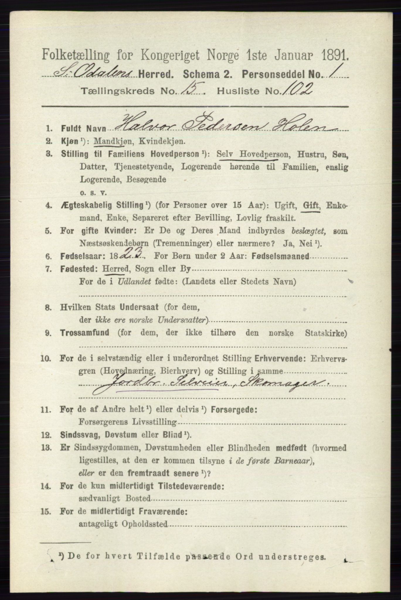 RA, 1891 census for 0419 Sør-Odal, 1891, p. 7182