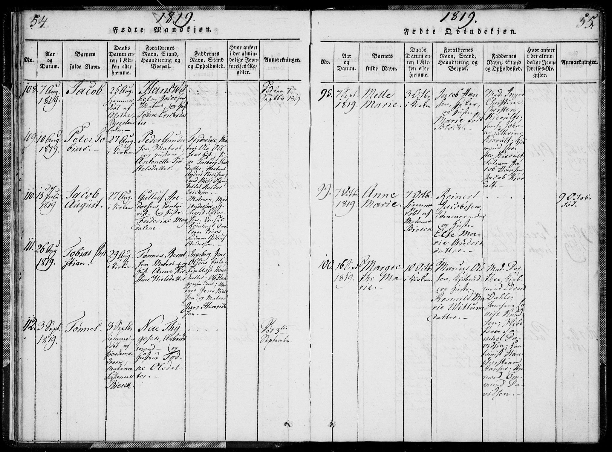 Kristiansand domprosti, SAK/1112-0006/F/Fa/L0008: Parish register (official) no. A 8, 1818-1821, p. 54-55