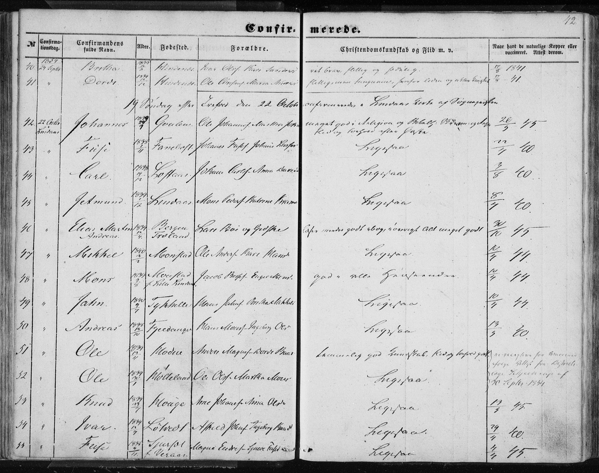 Lindås Sokneprestembete, AV/SAB-A-76701/H/Haa/Haaa/L0013: Parish register (official) no. A 13, 1848-1862, p. 42