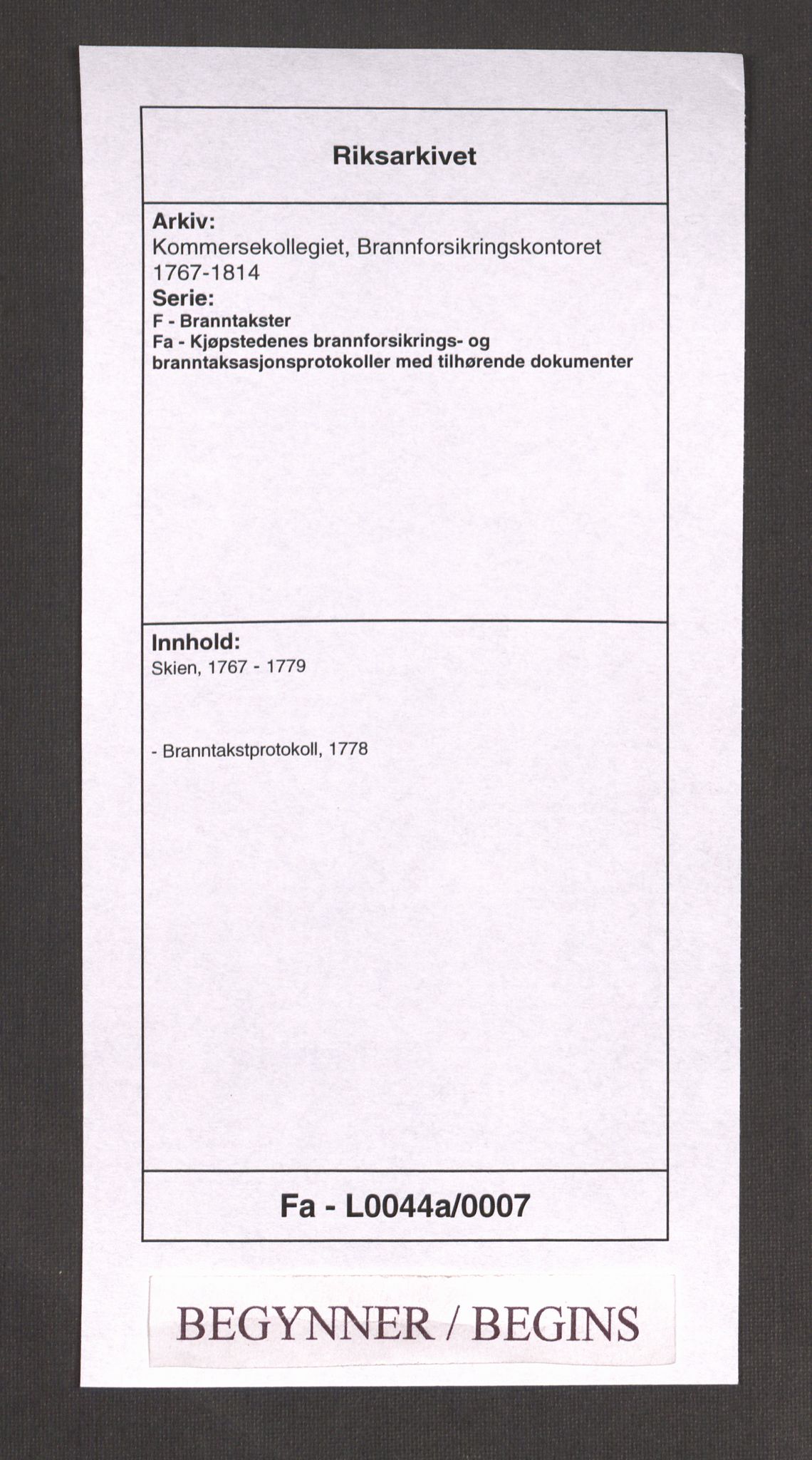 Kommersekollegiet, Brannforsikringskontoret 1767-1814, AV/RA-EA-5458/F/Fa/L0044a/0007: Skien / Branntakstprotokoll, 1778