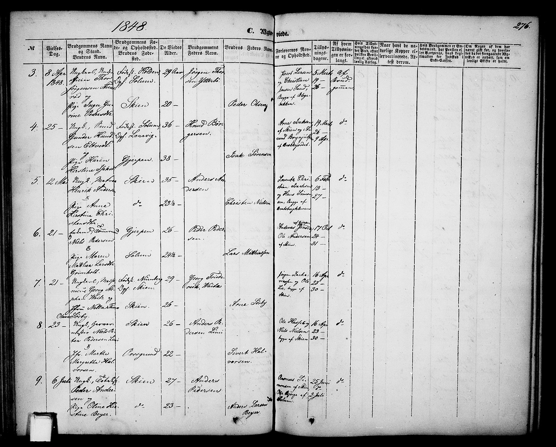 Skien kirkebøker, SAKO/A-302/G/Ga/L0004: Parish register (copy) no. 4, 1843-1867, p. 276