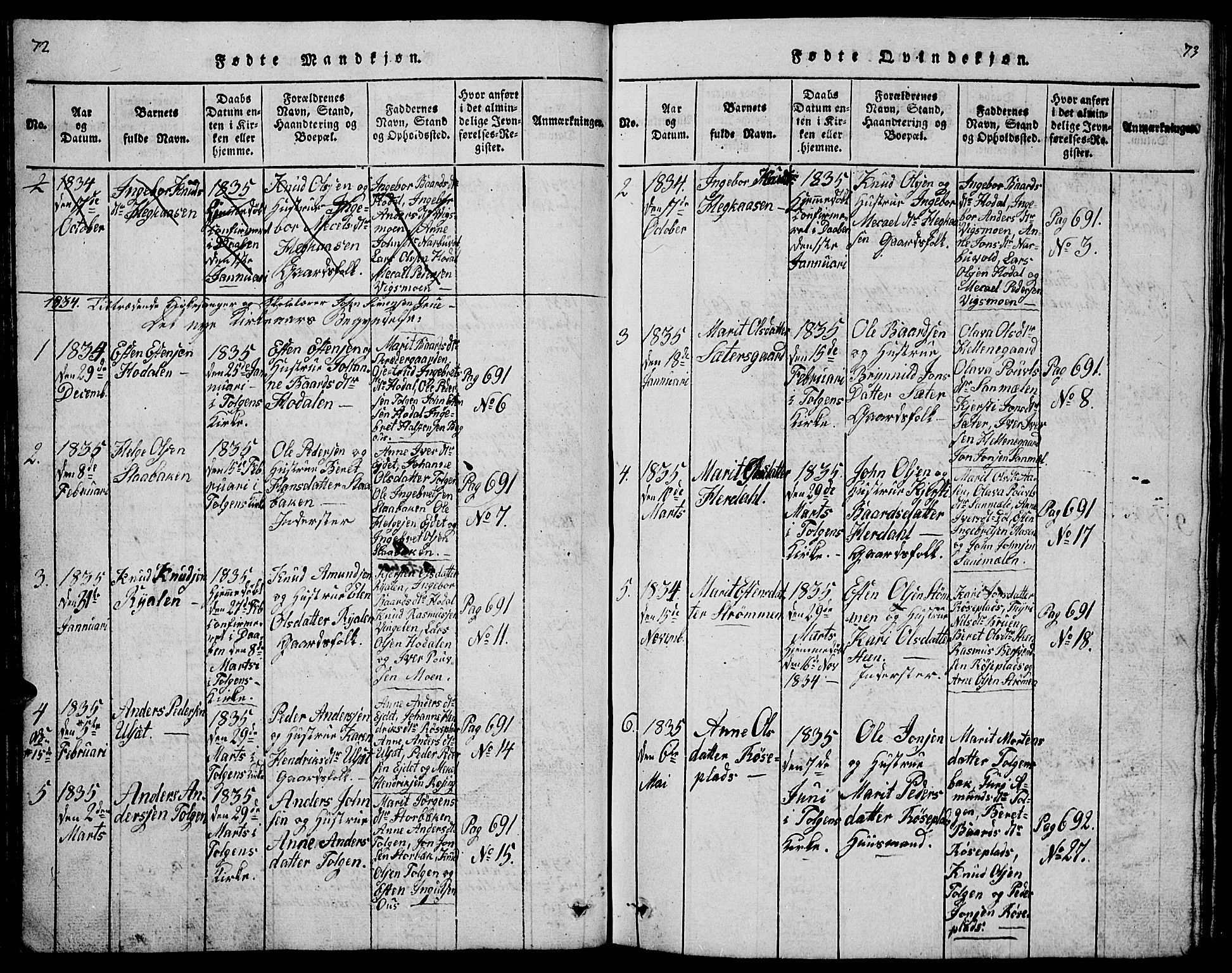 Tolga prestekontor, SAH/PREST-062/L/L0001: Parish register (copy) no. 1, 1814-1877, p. 72-73