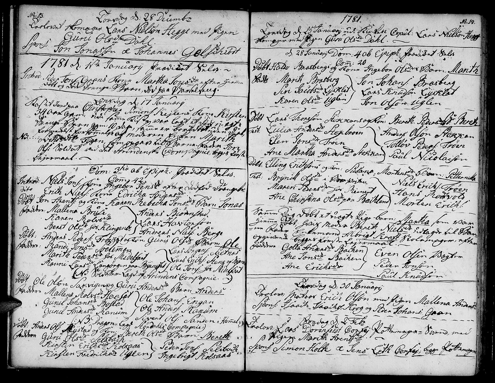 Ministerialprotokoller, klokkerbøker og fødselsregistre - Sør-Trøndelag, SAT/A-1456/604/L0180: Parish register (official) no. 604A01, 1780-1797, p. 13-14