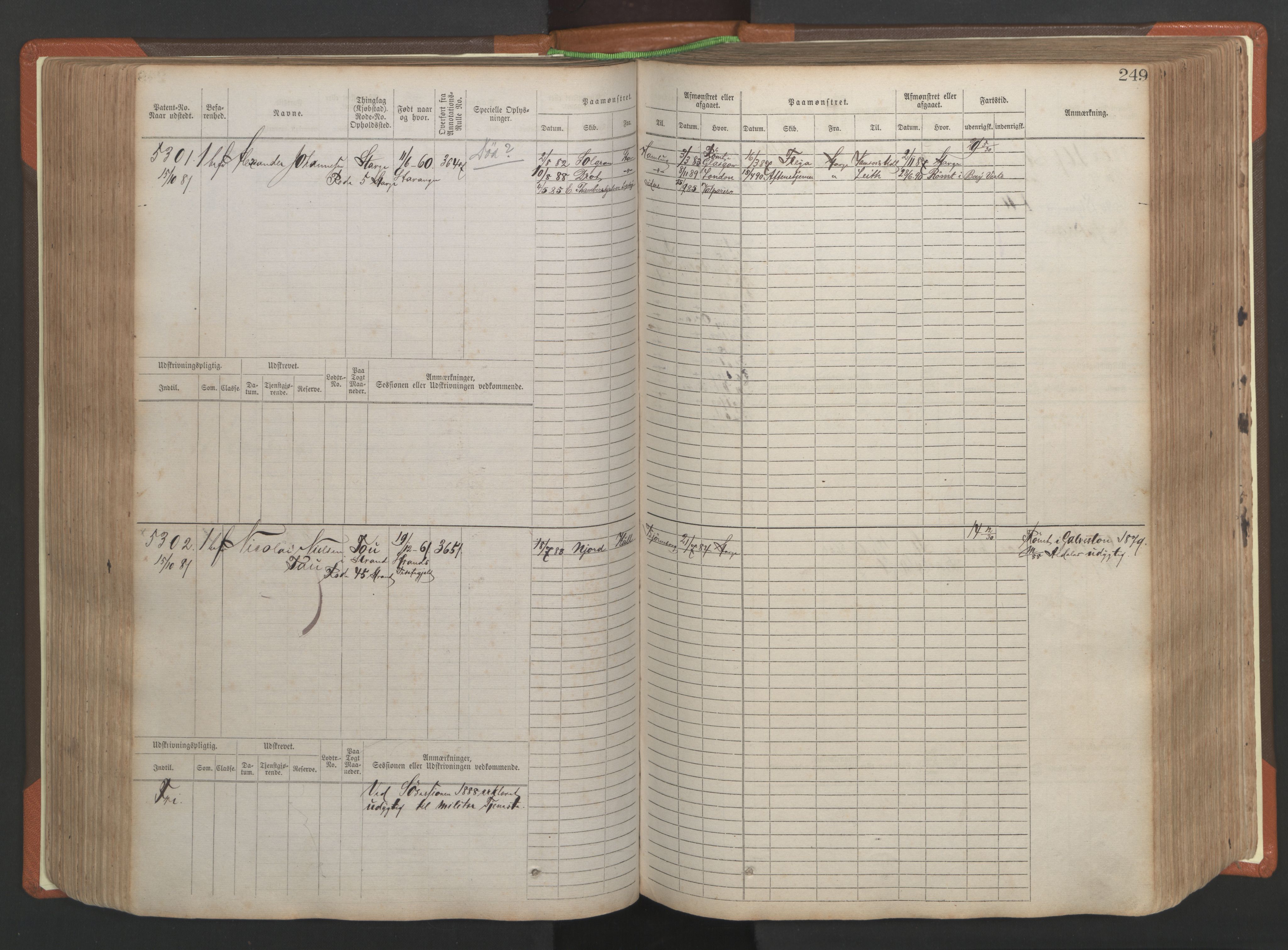 Stavanger sjømannskontor, SAST/A-102006/F/Fb/Fbb/L0009: Sjøfartshovedrulle, patentnr. 4805-6006, 1879-1887, p. 255