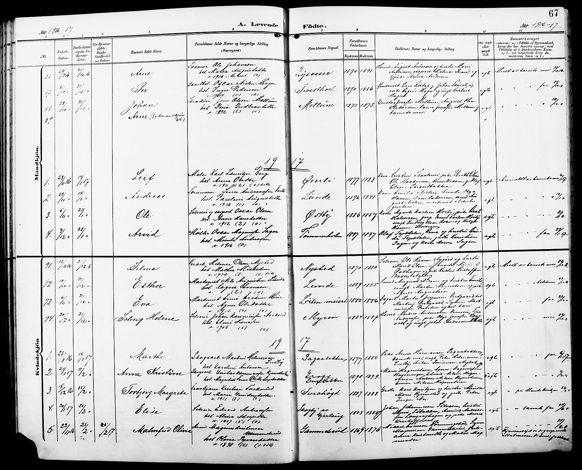 Løten prestekontor, SAH/PREST-022/L/La/L0007: Parish register (copy) no. 7, 1910-1919, p. 67