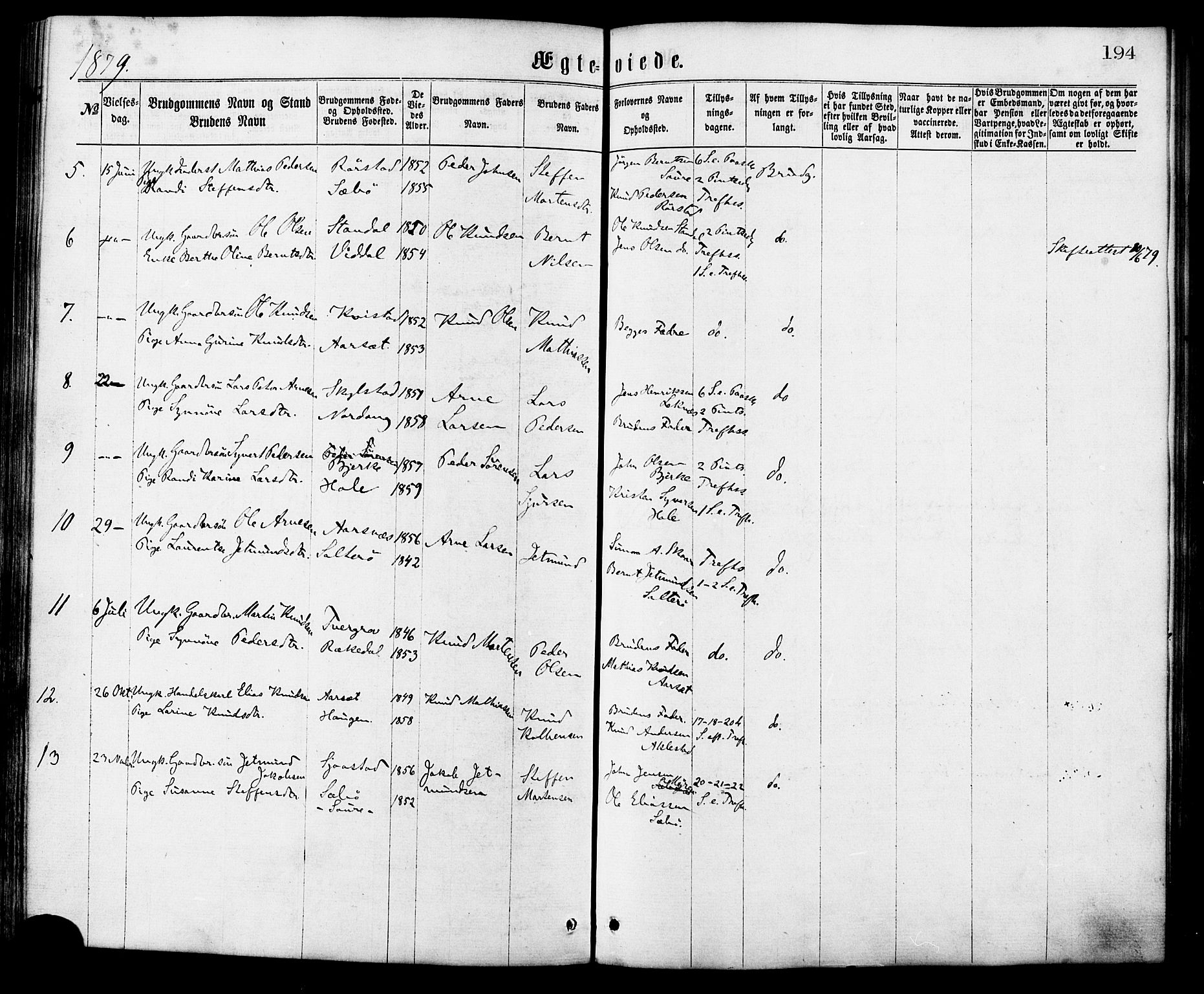 Ministerialprotokoller, klokkerbøker og fødselsregistre - Møre og Romsdal, SAT/A-1454/515/L0210: Parish register (official) no. 515A06, 1868-1885, p. 194