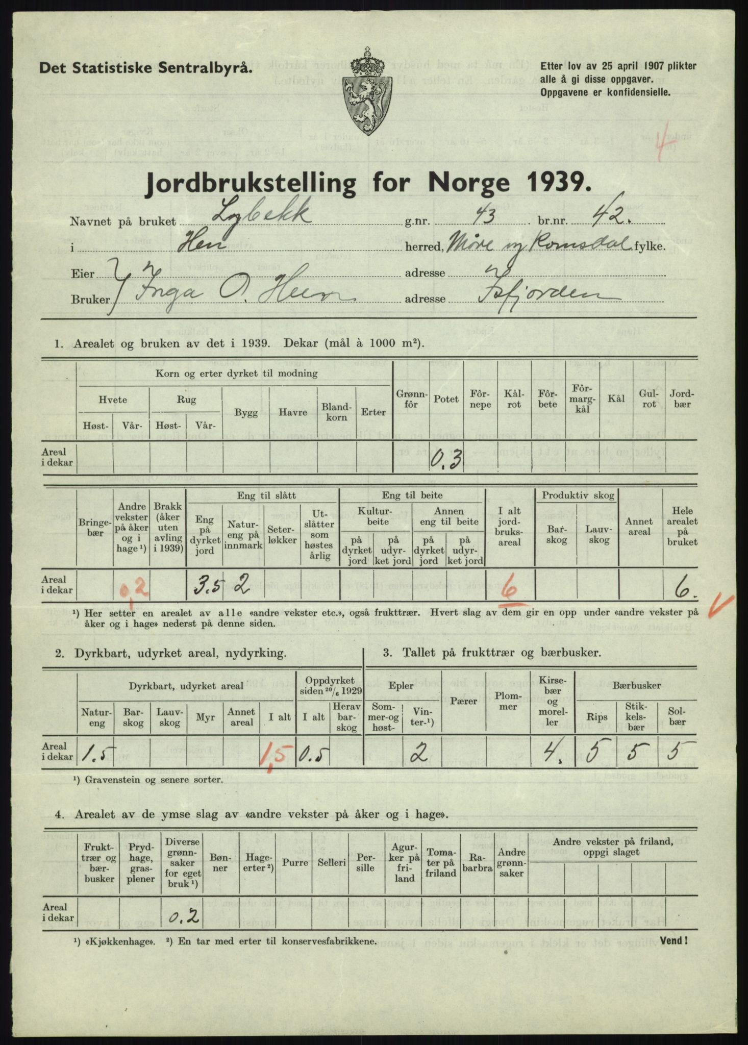 Statistisk sentralbyrå, Næringsøkonomiske emner, Jordbruk, skogbruk, jakt, fiske og fangst, AV/RA-S-2234/G/Gb/L0251: Møre og Romsdal: Voll, Eid, Grytten og Hen, 1939, p. 1109