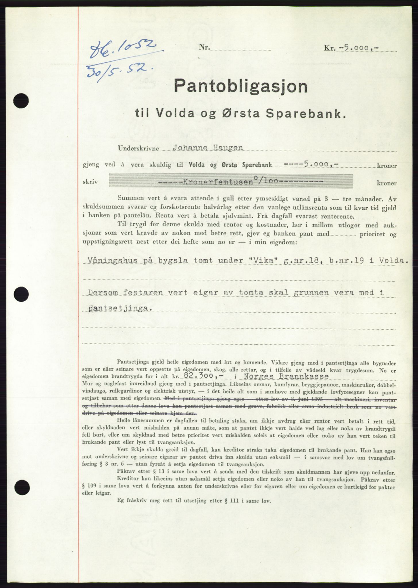 Søre Sunnmøre sorenskriveri, AV/SAT-A-4122/1/2/2C/L0121: Mortgage book no. 9B, 1951-1952, Diary no: : 1052/1952