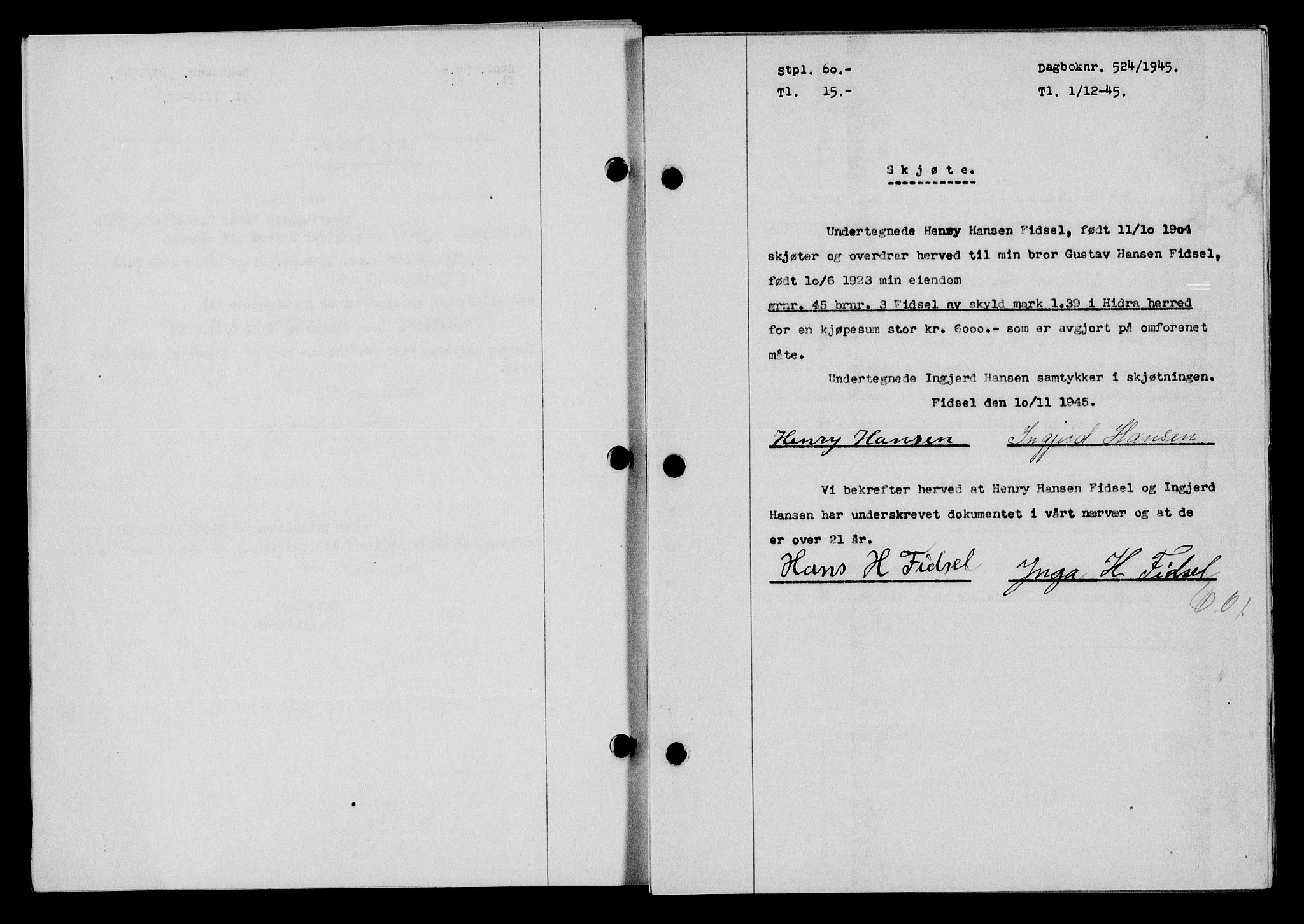 Flekkefjord sorenskriveri, SAK/1221-0001/G/Gb/Gba/L0060: Mortgage book no. A-8, 1945-1946, Diary no: : 524/1945