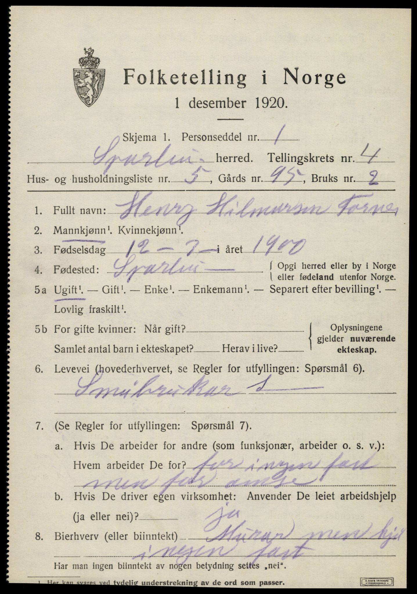 SAT, 1920 census for Sparbu, 1920, p. 5217