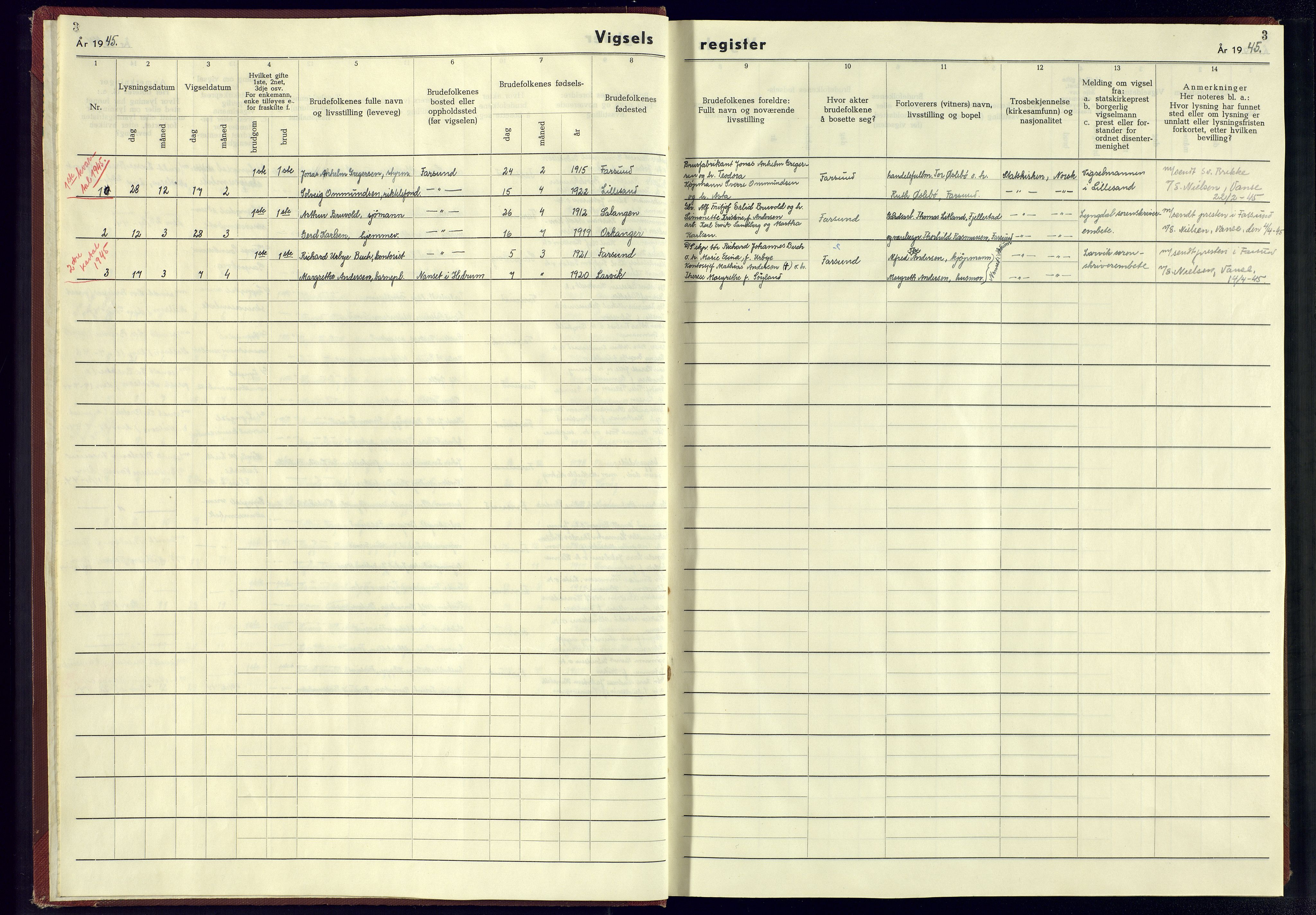 Farsund sokneprestkontor, AV/SAK-1111-0009/J/Jb/L0002: Marriage register no. A-VI-5, 1943-1945, p. 3