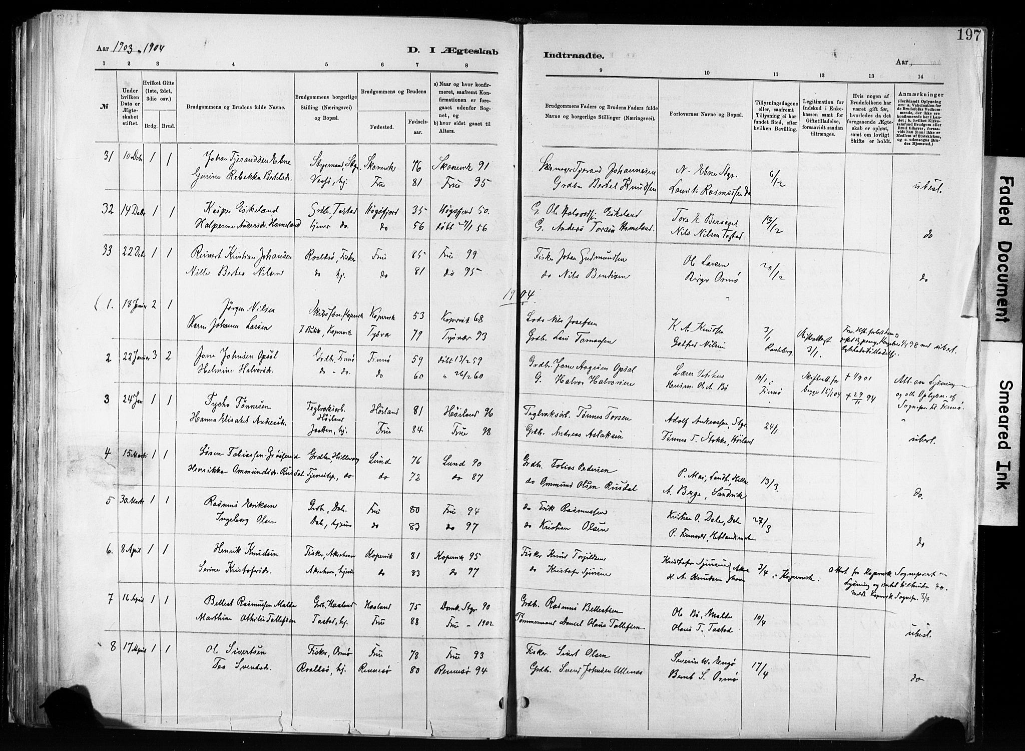 Hetland sokneprestkontor, SAST/A-101826/30/30BA/L0011: Parish register (official) no. A 11, 1884-1911, p. 197