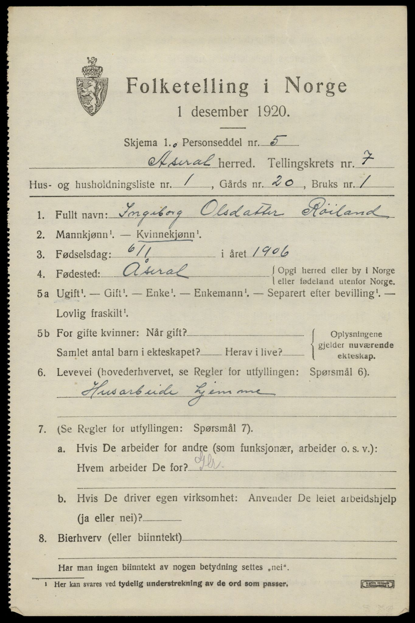 SAK, 1920 census for Åseral, 1920, p. 2054