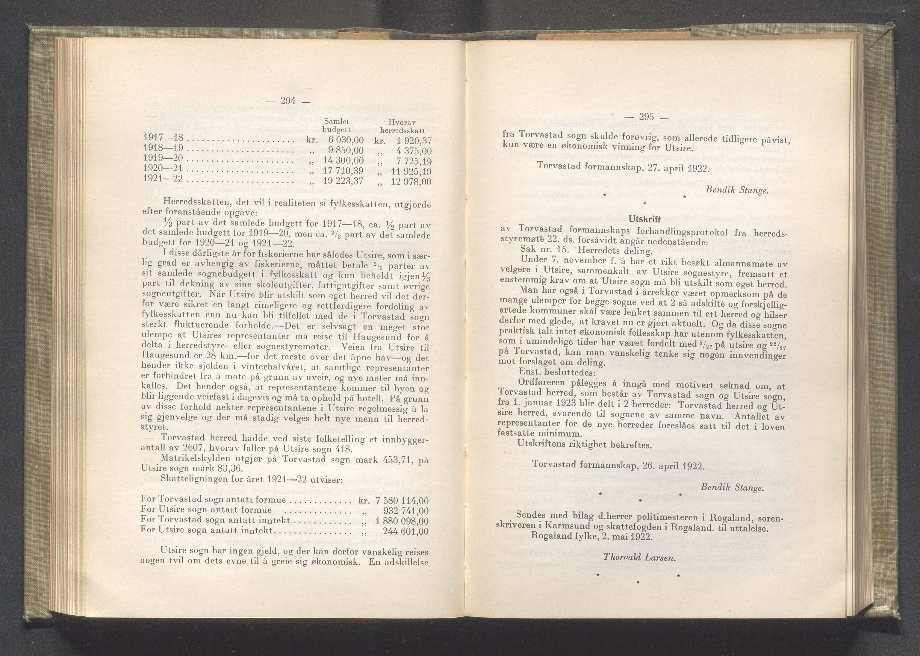 Rogaland fylkeskommune - Fylkesrådmannen , IKAR/A-900/A/Aa/Aaa/L0041: Møtebok , 1922, p. 294-295