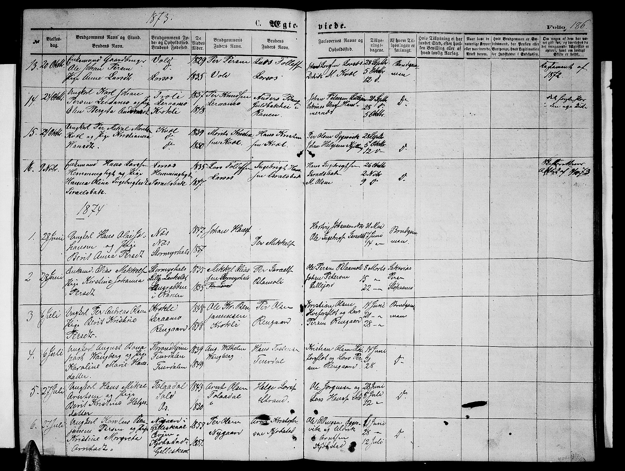 Ministerialprotokoller, klokkerbøker og fødselsregistre - Nordland, AV/SAT-A-1459/846/L0653: Parish register (copy) no. 846C03, 1872-1887, p. 186