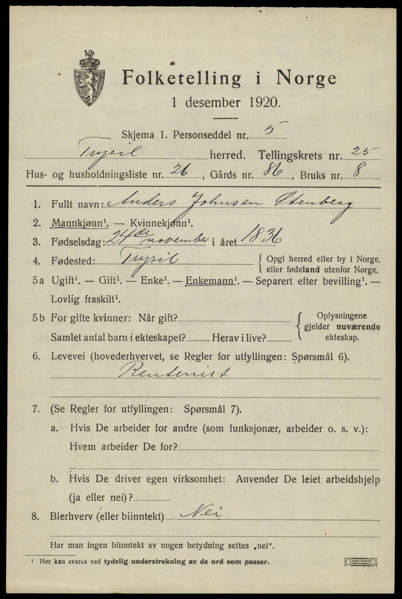 SAH, 1920 census for Trysil, 1920, p. 15997