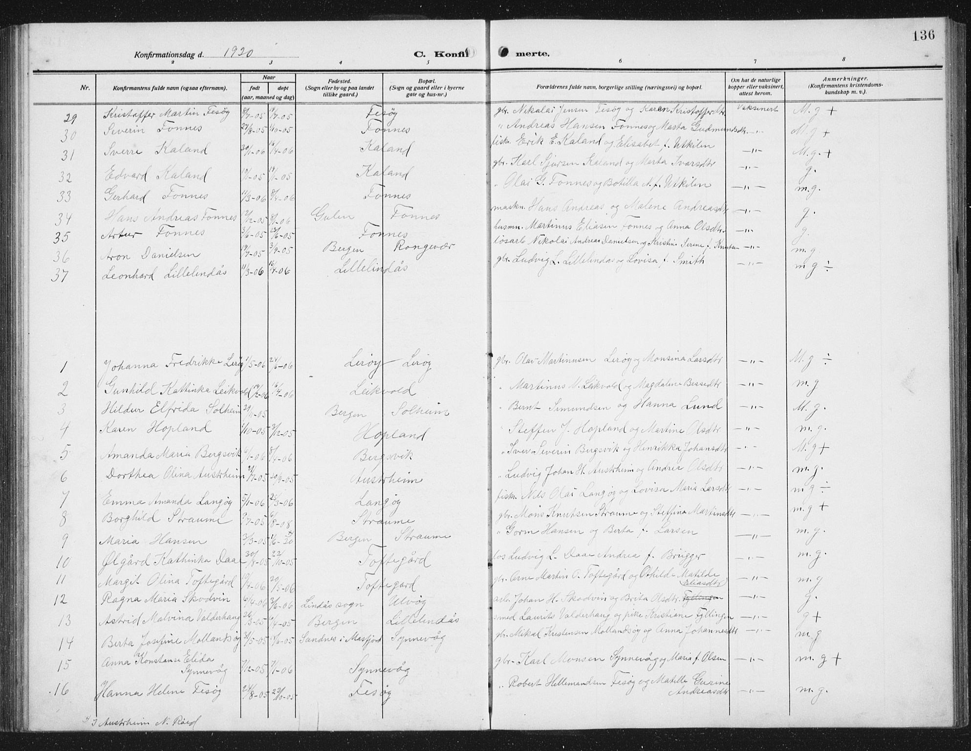 Lindås Sokneprestembete, SAB/A-76701/H/Hab: Parish register (copy) no. C 5, 1910-1927, p. 136