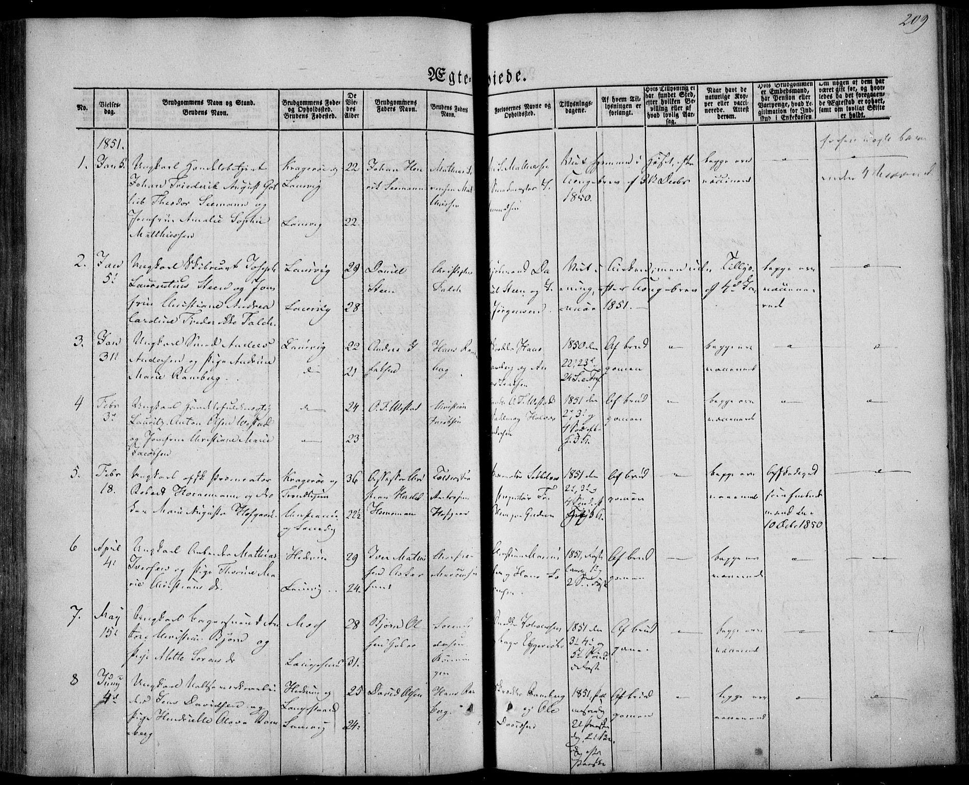 Larvik kirkebøker, AV/SAKO-A-352/F/Fa/L0003: Parish register (official) no. I 3, 1848-1856, p. 209