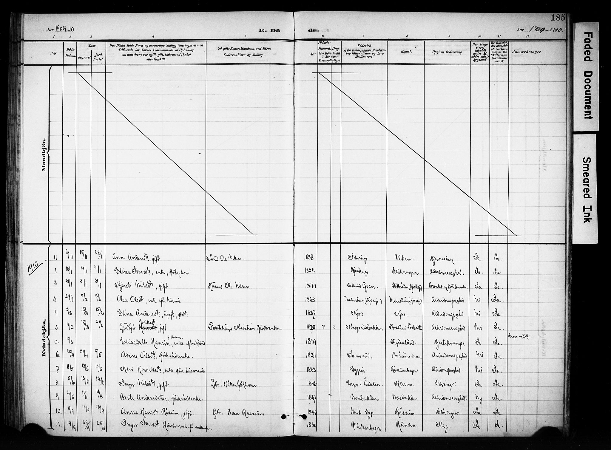 Brandbu prestekontor, AV/SAH-PREST-114/H/Ha/Haa/L0001: Parish register (official) no. 1, 1900-1912, p. 185