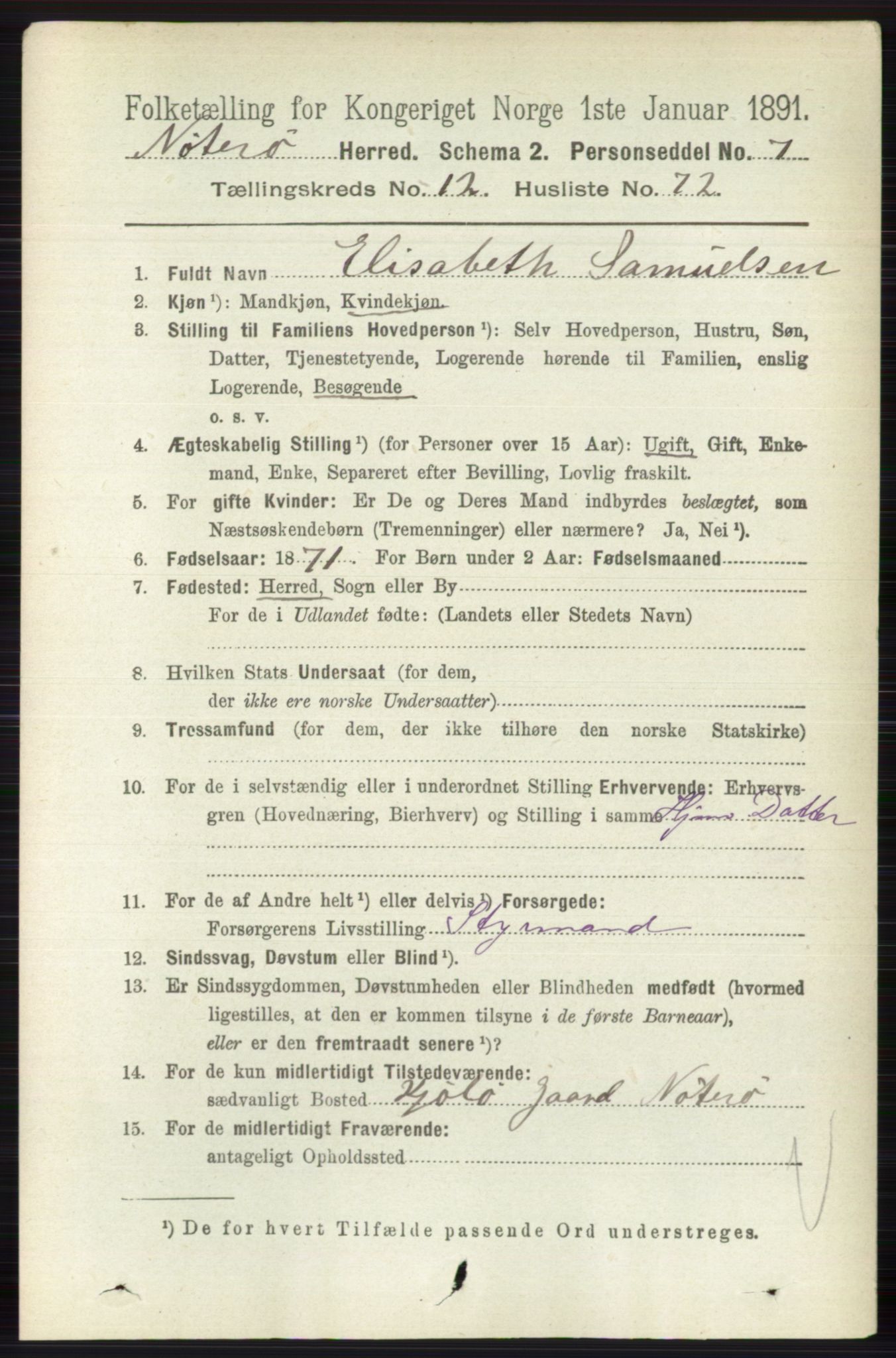 RA, 1891 census for 0722 Nøtterøy, 1891, p. 6764