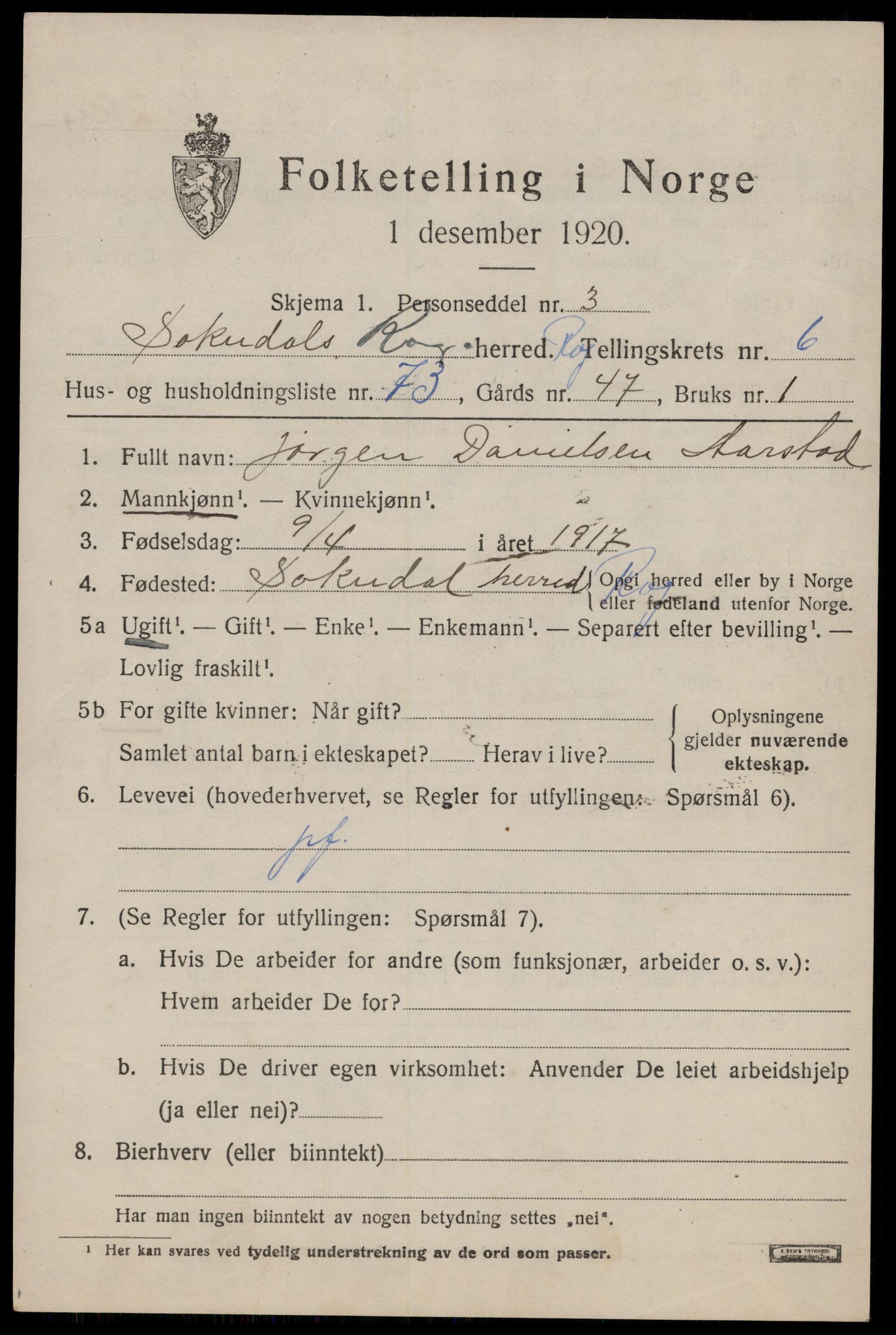 SAST, 1920 census for Sokndal, 1920, p. 4197