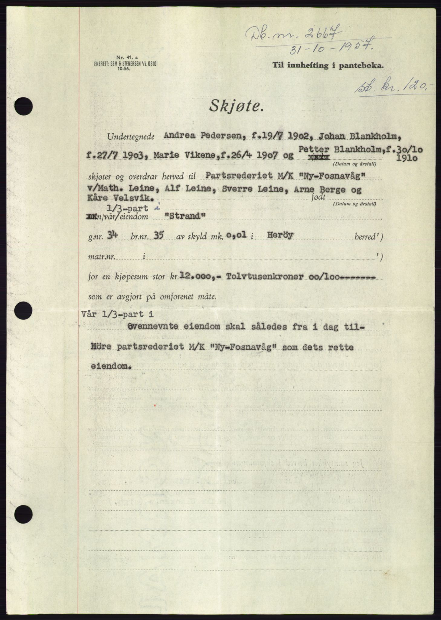 Søre Sunnmøre sorenskriveri, AV/SAT-A-4122/1/2/2C/L0108: Mortgage book no. 34A, 1957-1958, Diary no: : 2667/1957