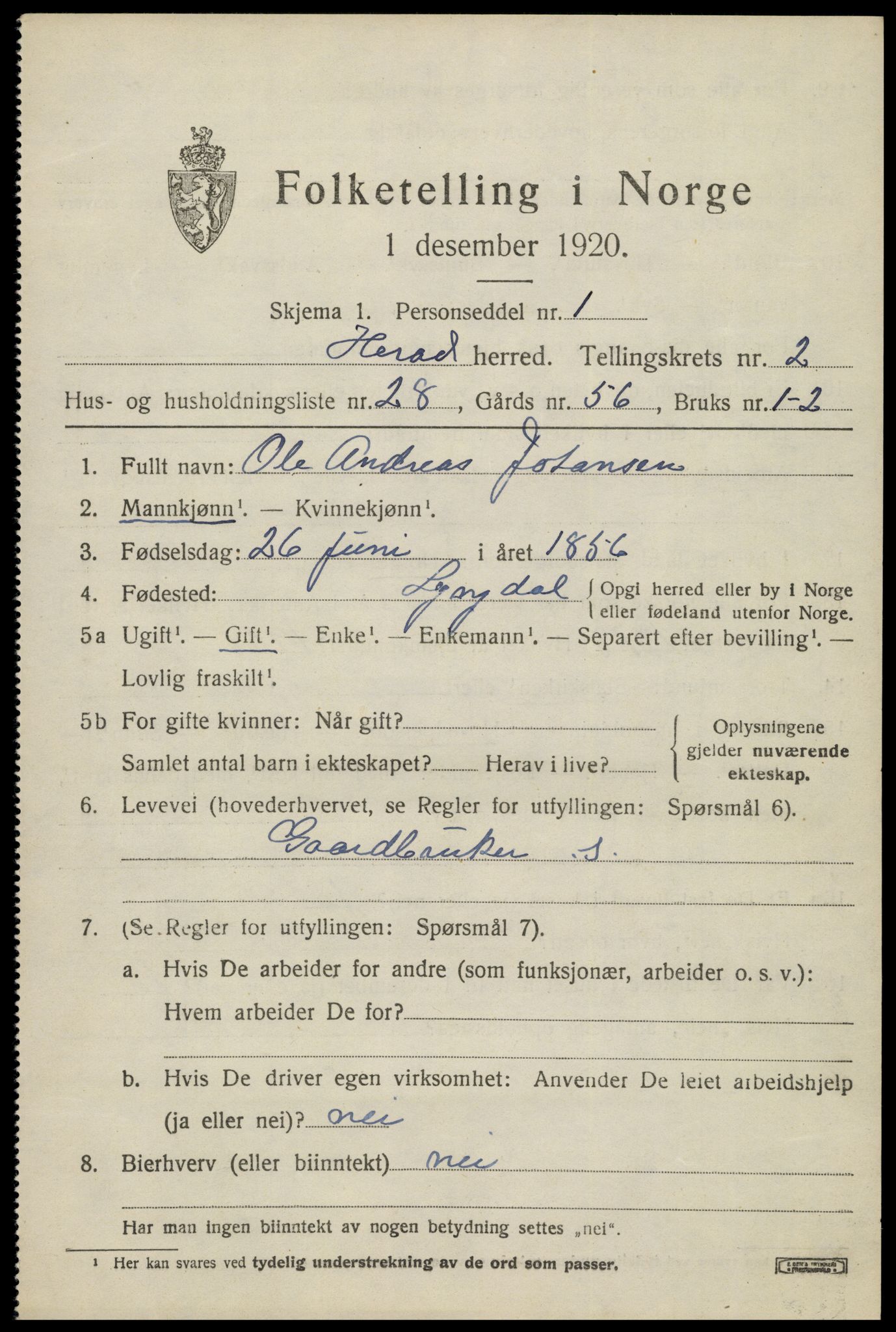 SAK, 1920 census for Herad, 1920, p. 1324