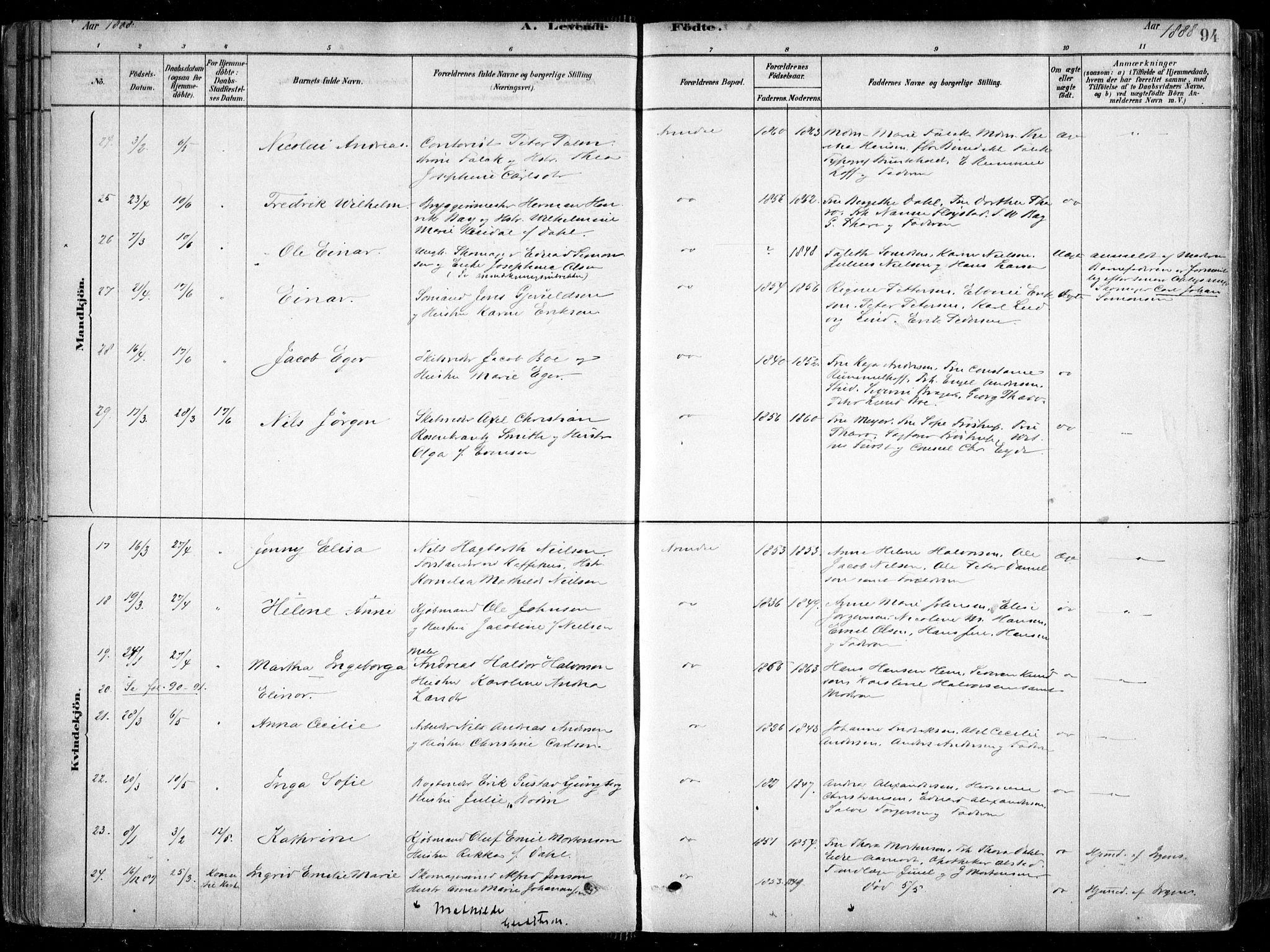 Arendal sokneprestkontor, Trefoldighet, AV/SAK-1111-0040/F/Fa/L0008: Parish register (official) no. A 8, 1878-1899, p. 94