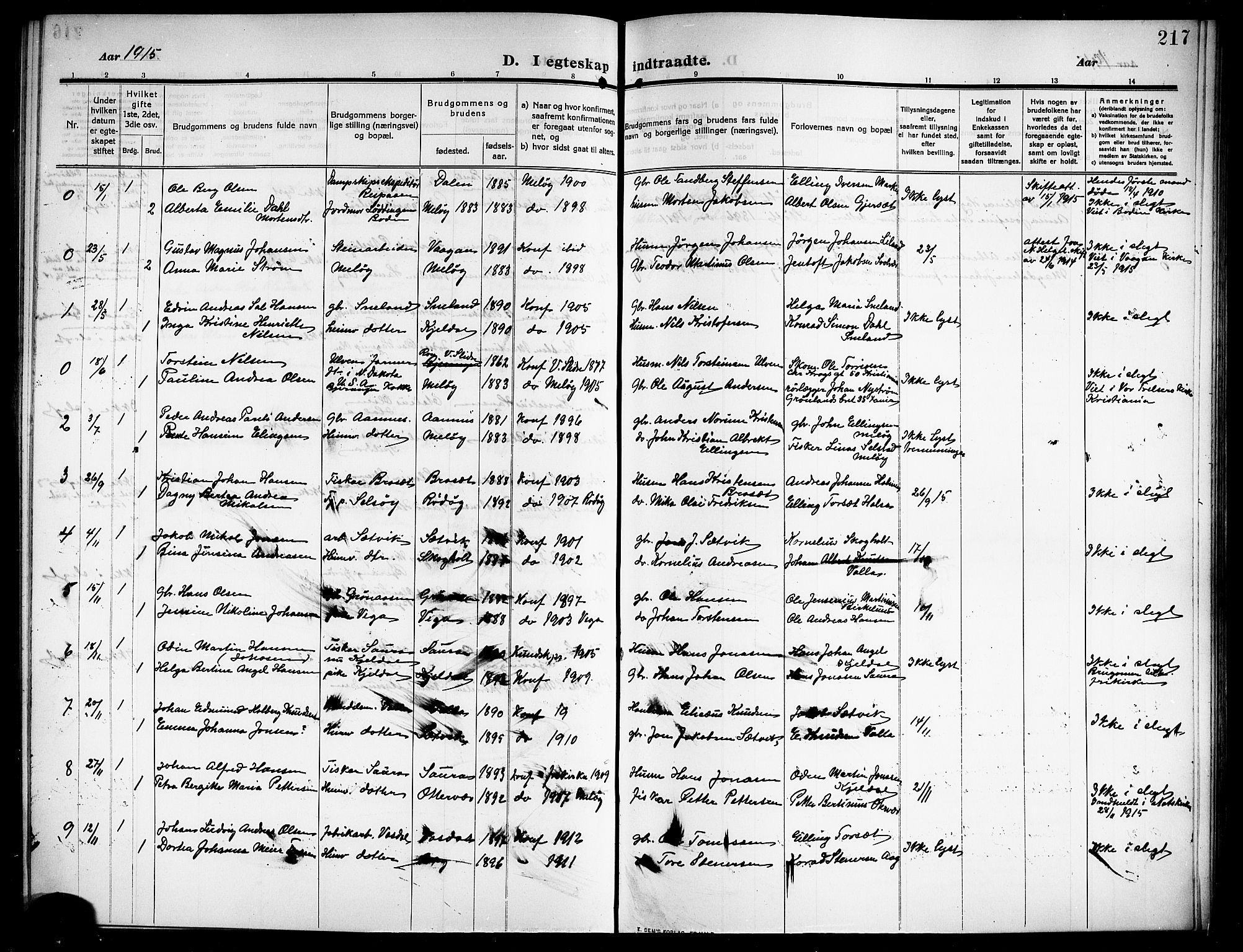 Ministerialprotokoller, klokkerbøker og fødselsregistre - Nordland, AV/SAT-A-1459/843/L0639: Parish register (copy) no. 843C08, 1908-1924, p. 217