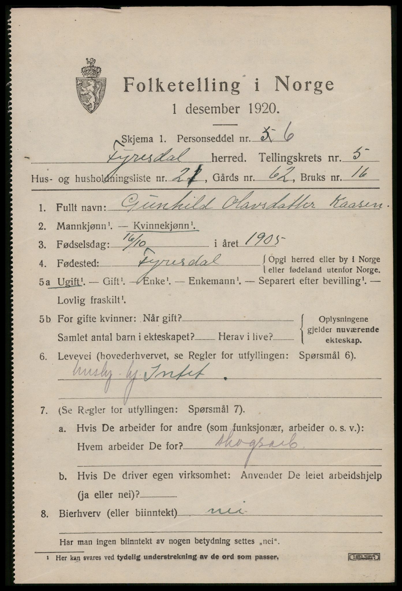 SAKO, 1920 census for Fyresdal, 1920, p. 2303