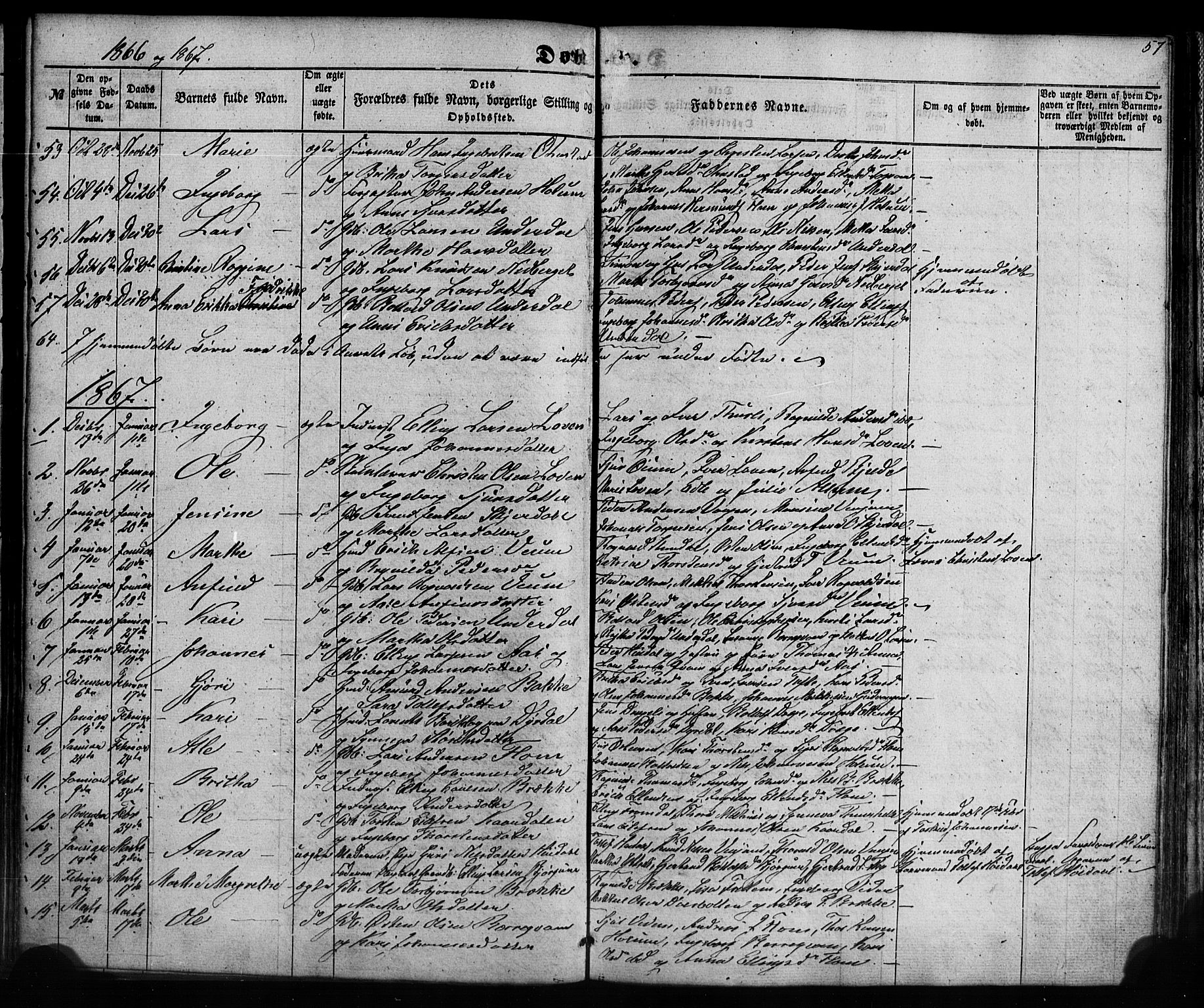 Aurland sokneprestembete, SAB/A-99937/H/Ha/Haa/L0008: Parish register (official) no. A 8, 1853-1879, p. 57