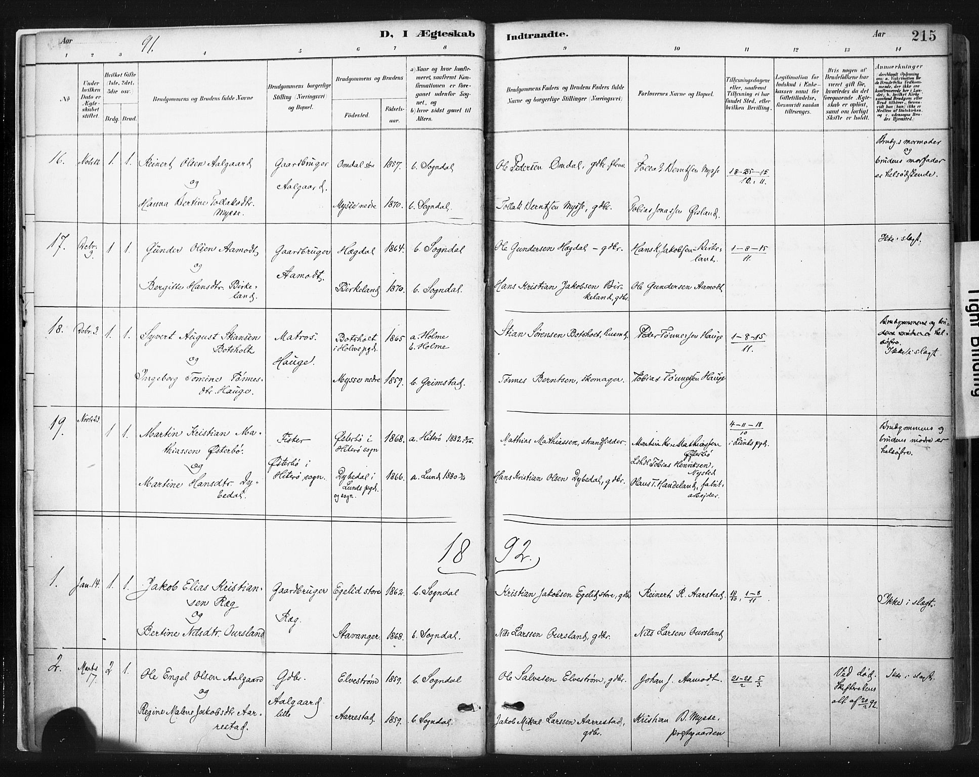 Sokndal sokneprestkontor, SAST/A-101808: Parish register (official) no. A 11.2, 1887-1905, p. 215