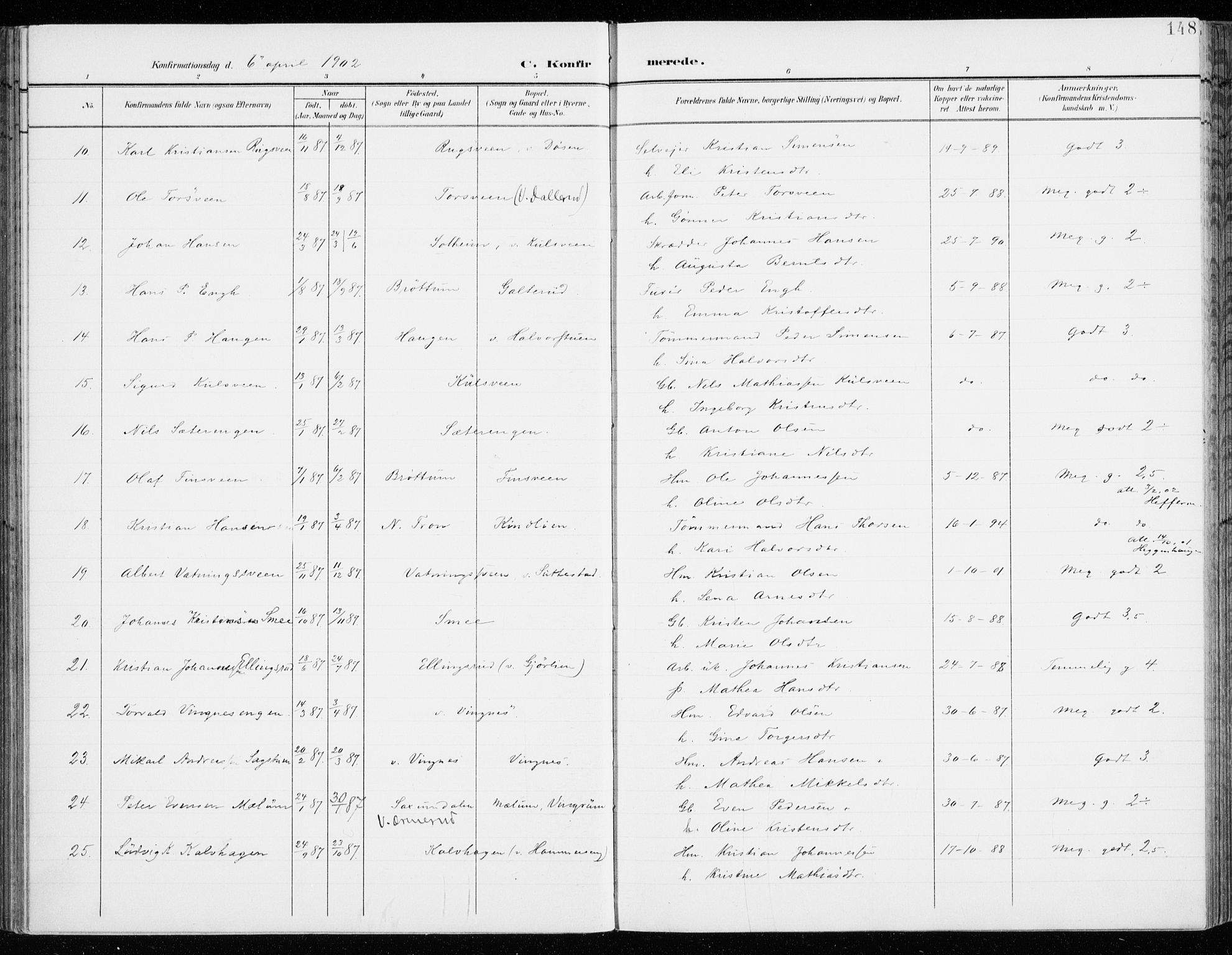 Fåberg prestekontor, SAH/PREST-086/H/Ha/Haa/L0011: Parish register (official) no. 11, 1899-1913, p. 148