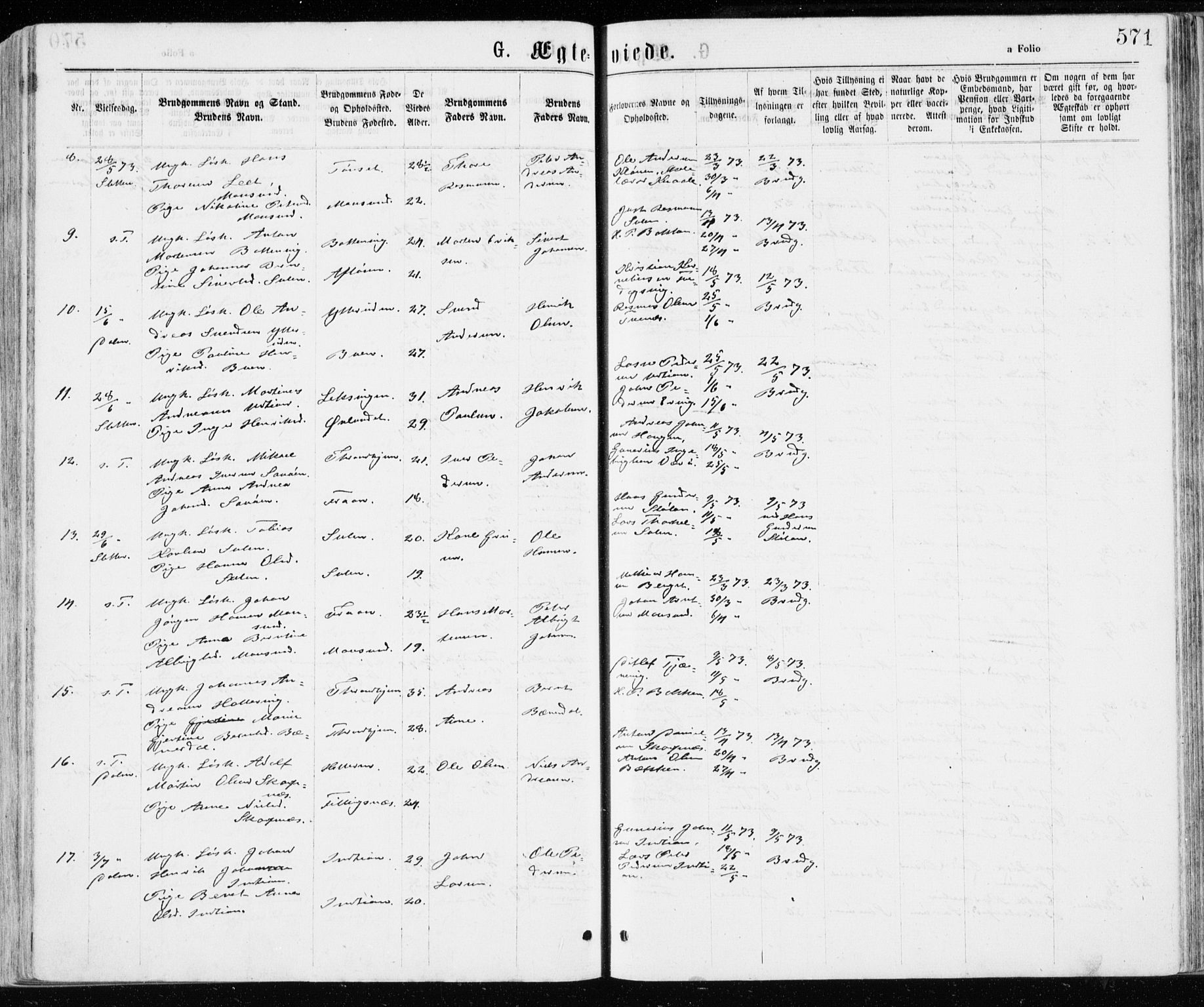 Ministerialprotokoller, klokkerbøker og fødselsregistre - Sør-Trøndelag, AV/SAT-A-1456/640/L0576: Parish register (official) no. 640A01, 1846-1876, p. 571