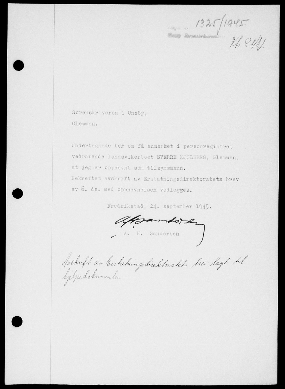Onsøy sorenskriveri, SAO/A-10474/G/Ga/Gab/L0015: Mortgage book no. II A-15, 1945-1946, Diary no: : 1325/1945