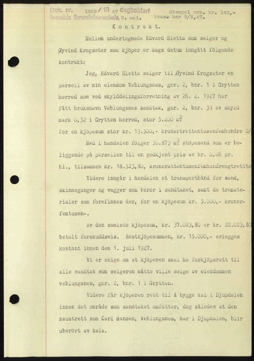 Romsdal sorenskriveri, AV/SAT-A-4149/1/2/2C: Mortgage book no. A23, 1947-1947, Diary no: : 1029/1947