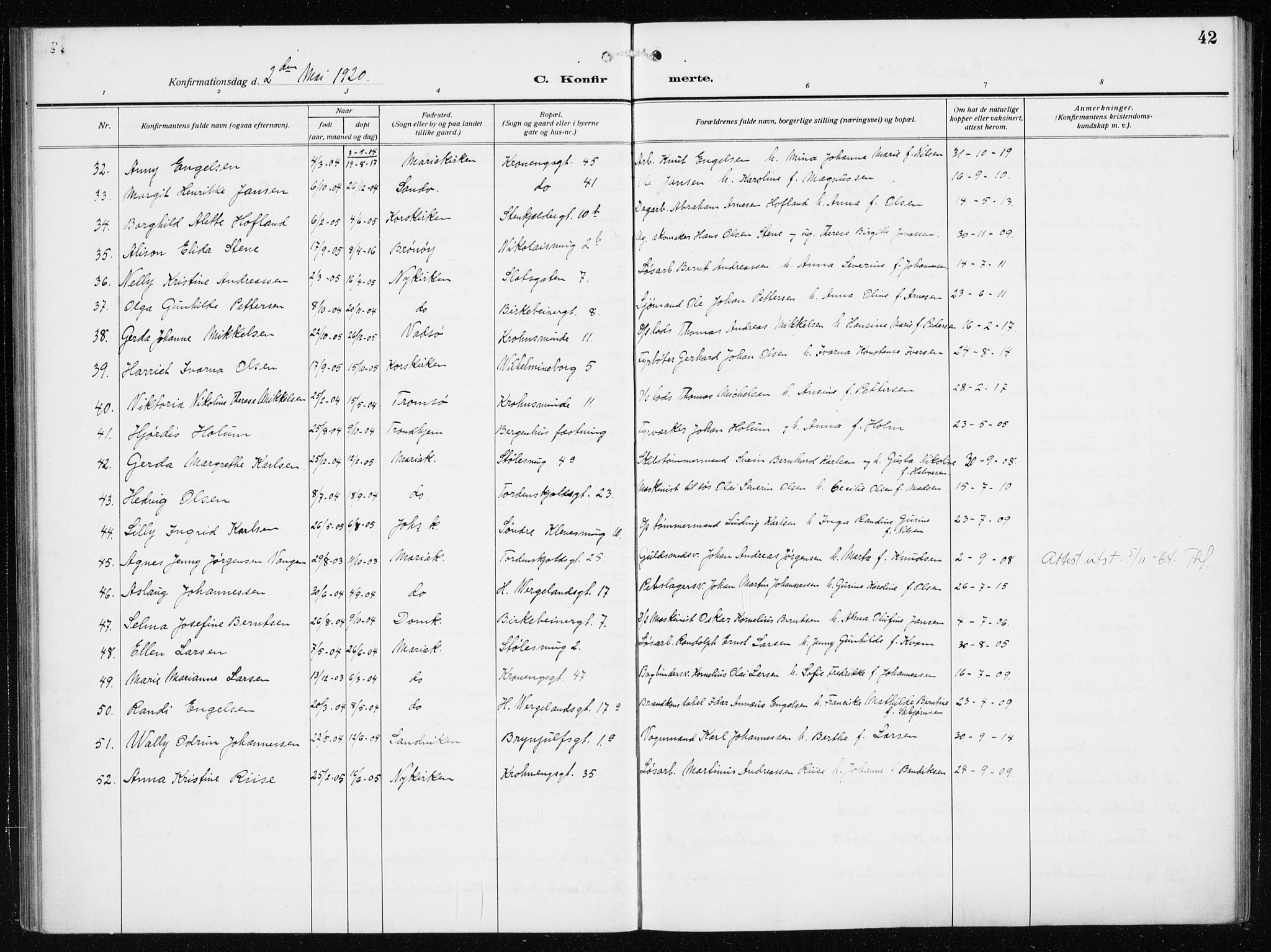 Mariakirken Sokneprestembete, AV/SAB-A-76901/H/Haa/L0015: Parish register (official) no. C 3, 1913-1927, p. 42