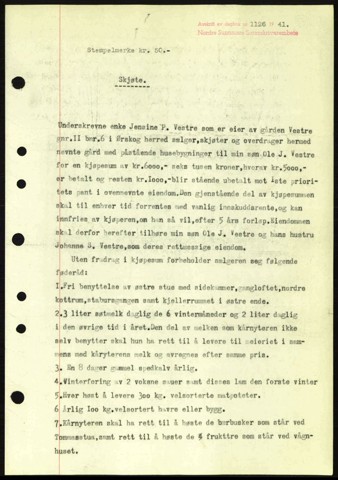 Nordre Sunnmøre sorenskriveri, AV/SAT-A-0006/1/2/2C/2Ca: Mortgage book no. A11, 1941-1941, Diary no: : 1126/1941