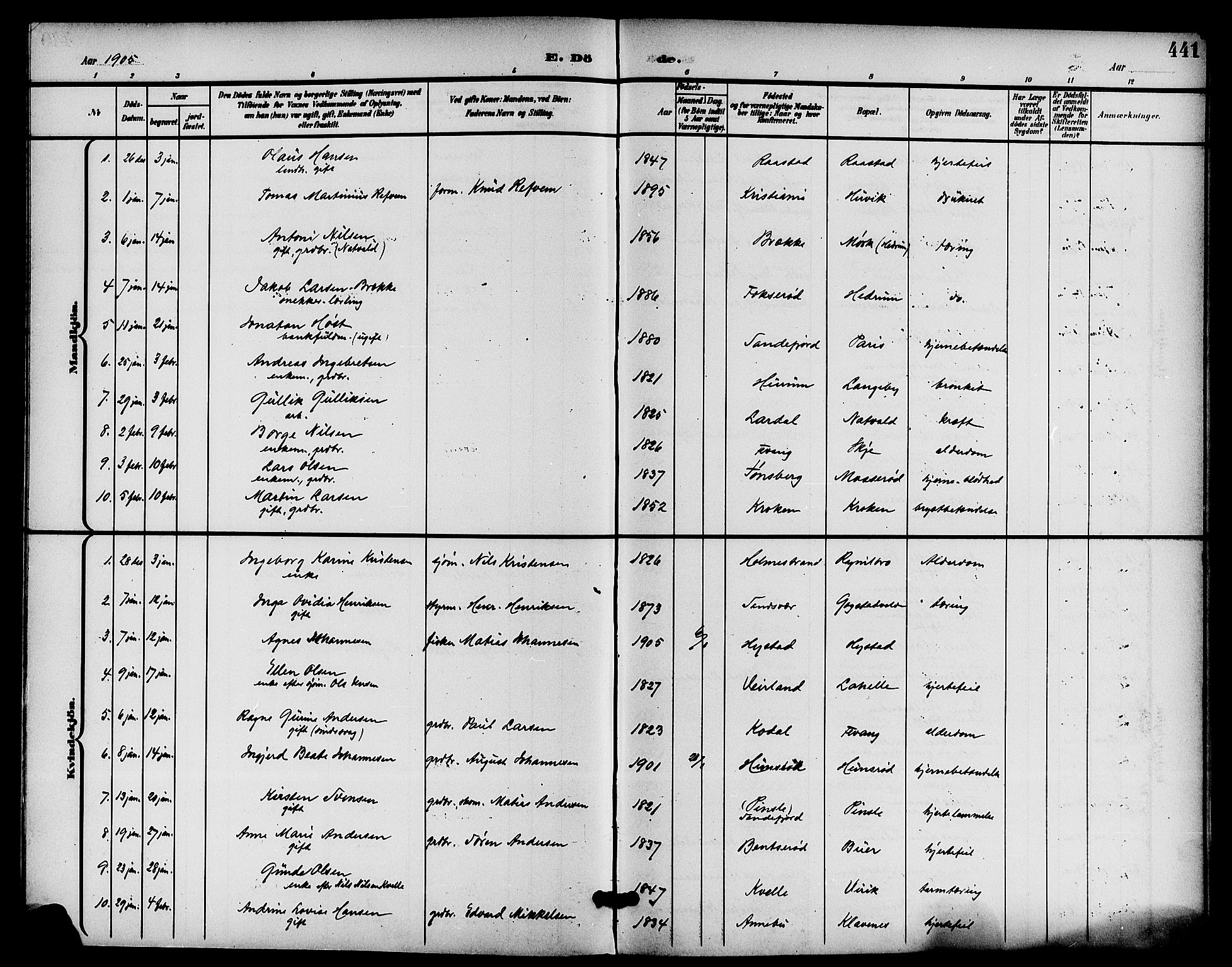 Sandar kirkebøker, SAKO/A-243/G/Ga/L0002: Parish register (copy) no. 2, 1900-1915, p. 441