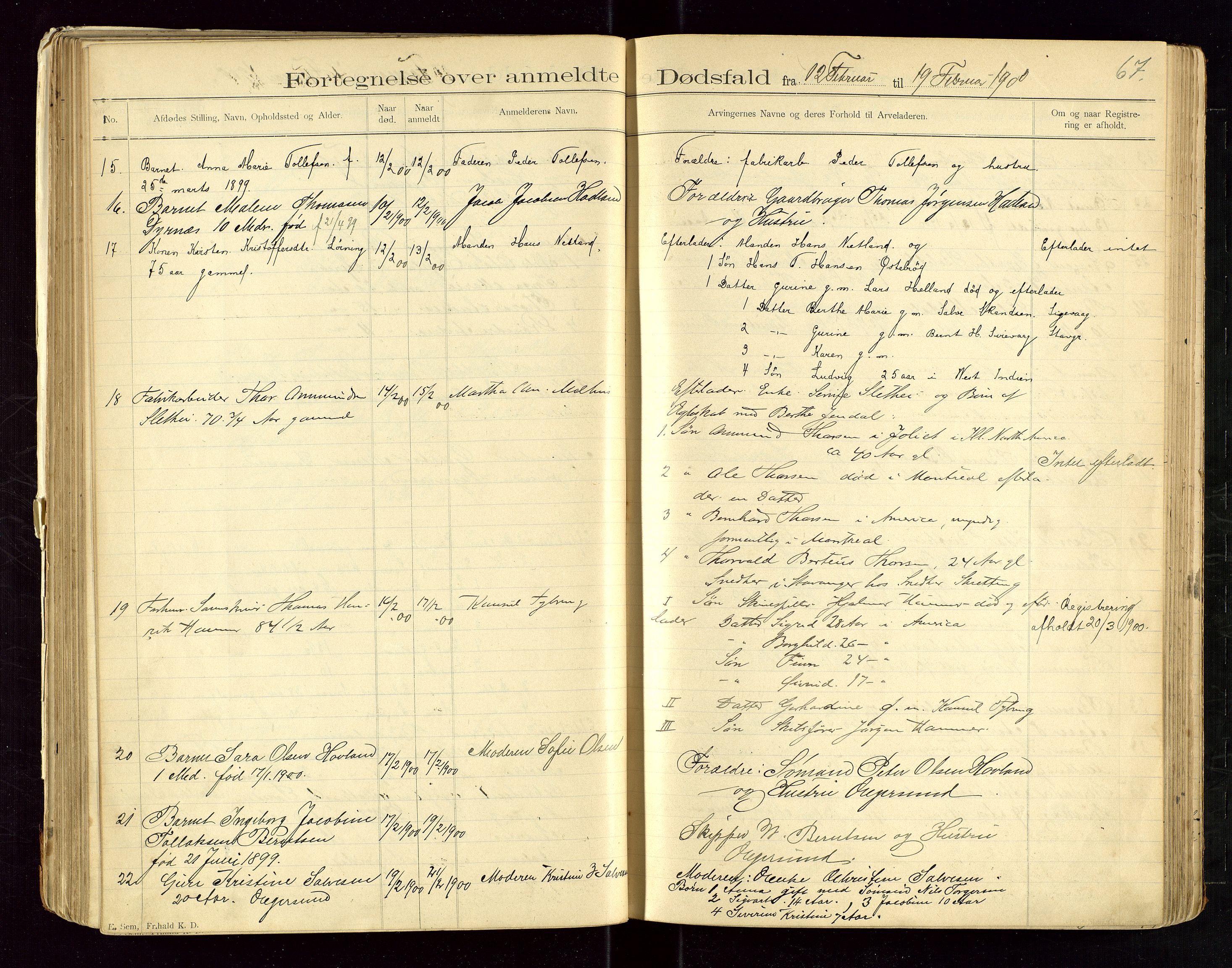 Eigersund lensmannskontor, SAST/A-100171/Gga/L0004: "Dødsfalds-Protokol" m/alfabetisk navneregister, 1895-1905, p. 67