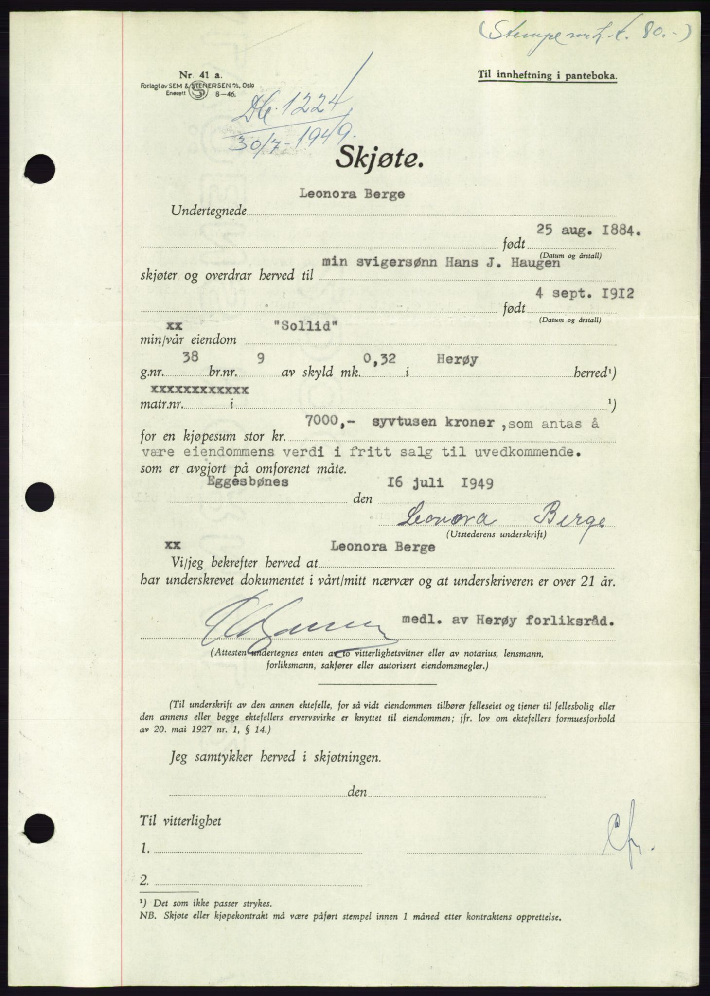 Søre Sunnmøre sorenskriveri, AV/SAT-A-4122/1/2/2C/L0084: Mortgage book no. 10A, 1949-1949, Diary no: : 1224/1949